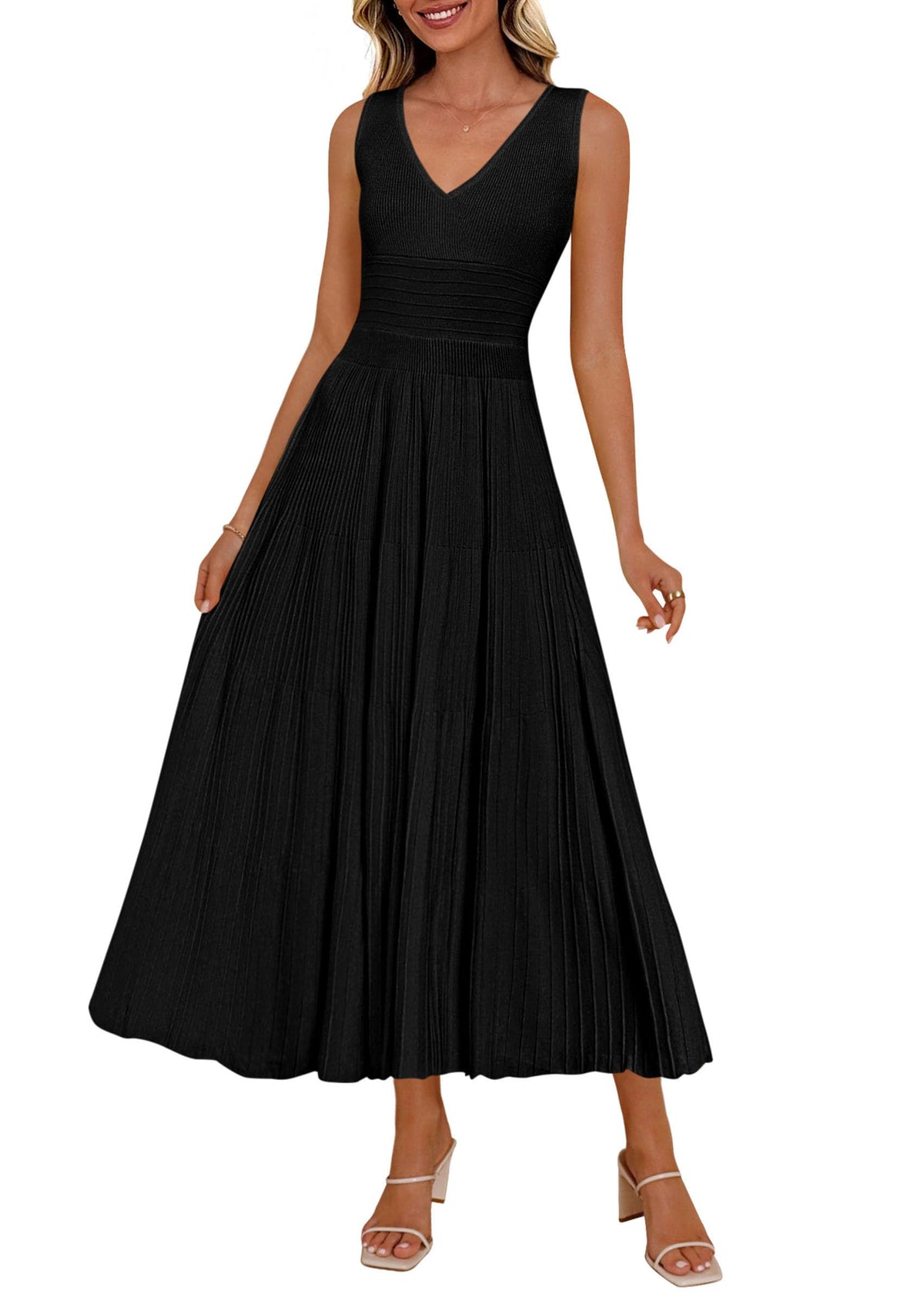 PRETTYGARDEN Women's Summer V Neck Pleated Midi Dress