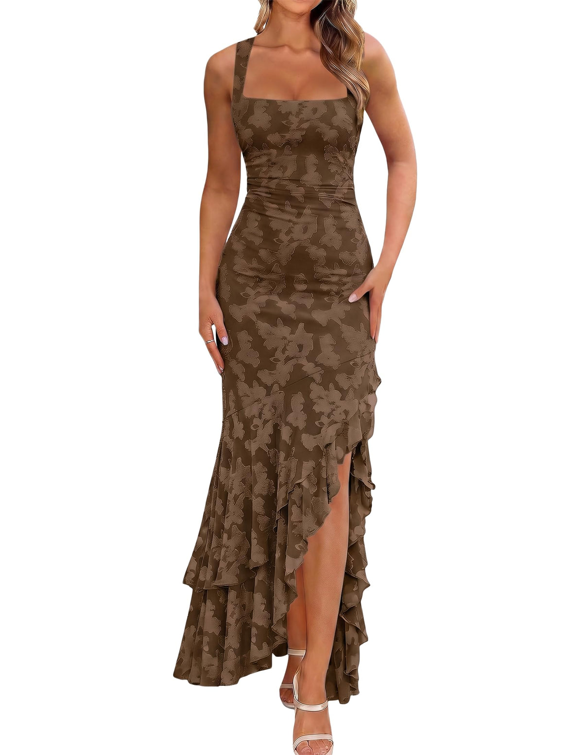 BORIFLORS Women's Elegant Ruched Floral Maxi Wedding Guest Dress