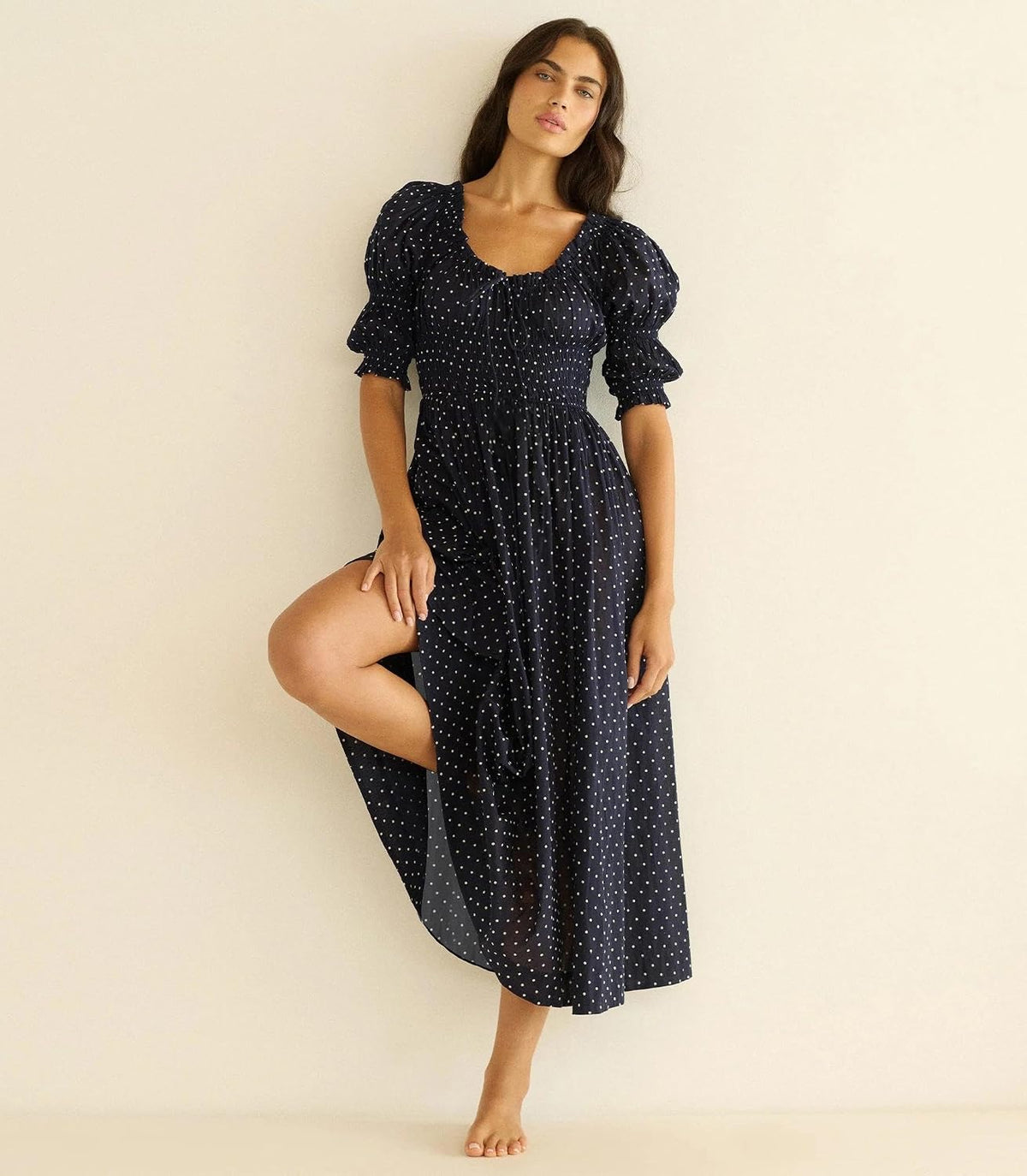 ABYOVRT Women Smocked Dresses Puff Sleeve Off Shoulder Flowy Midi Dress Baby Shower Summer Fall