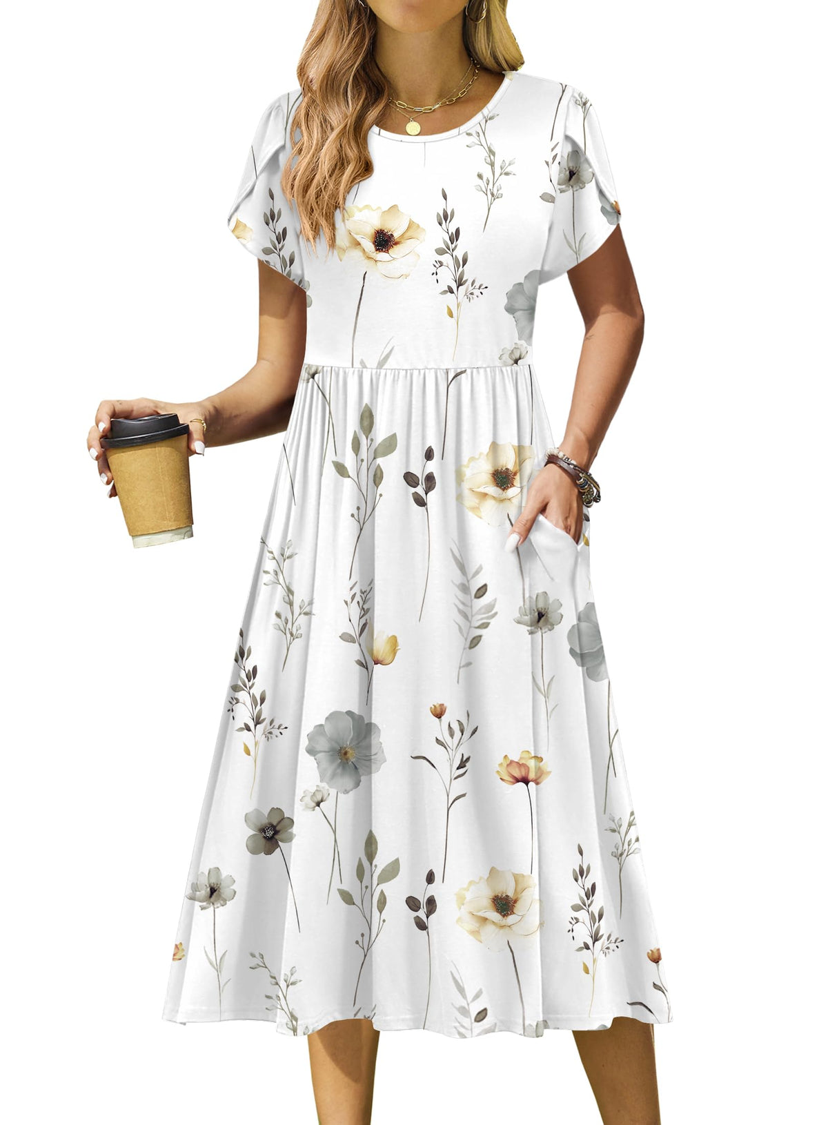 Zeagoo Womens Summer Dresses Casual Aline Midi Dress Short Sleeve Floral Tshirt Dress Flowy Beach Sundresses with Pockets