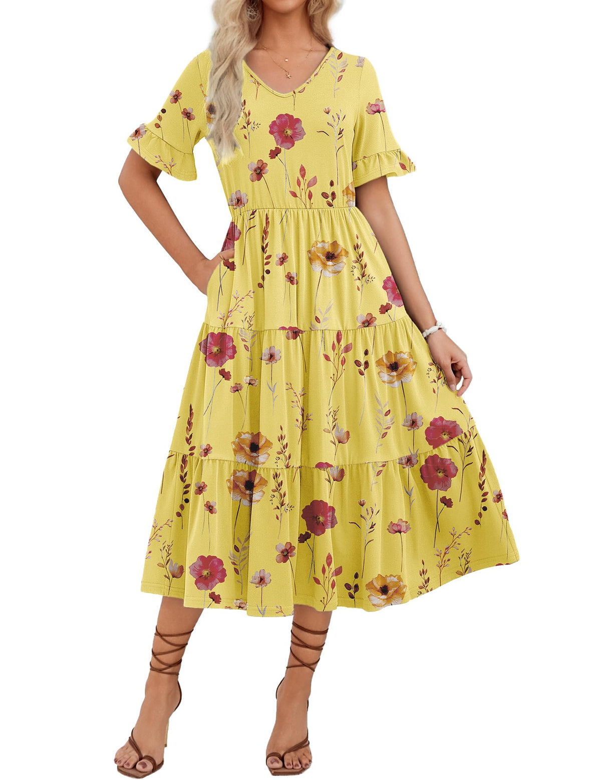 ZEAGOO Women's Summer Dresses Midi Tiered Casual Dress Floral V Neck Ruffle Short Sleeve Flowy Beach Dress with Pockets