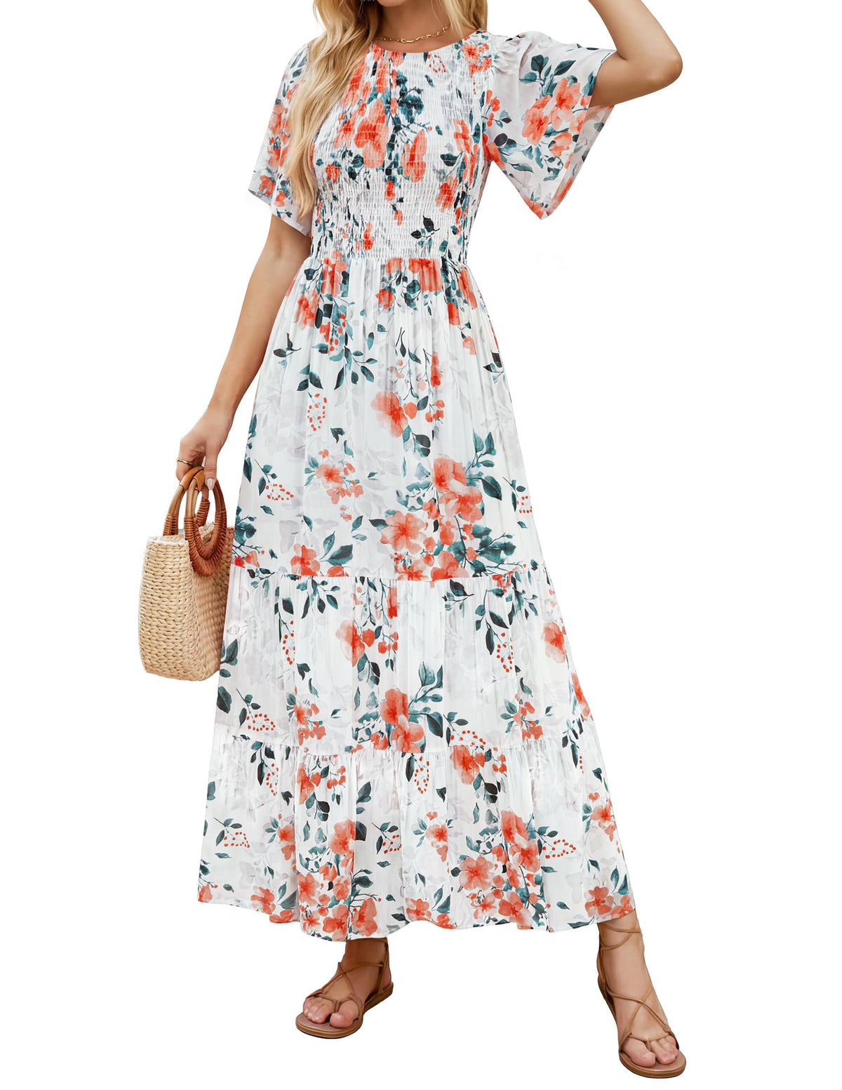 ZESICA Women's Summer Boho Floral Smocked Short Sleeve Maxi Dress