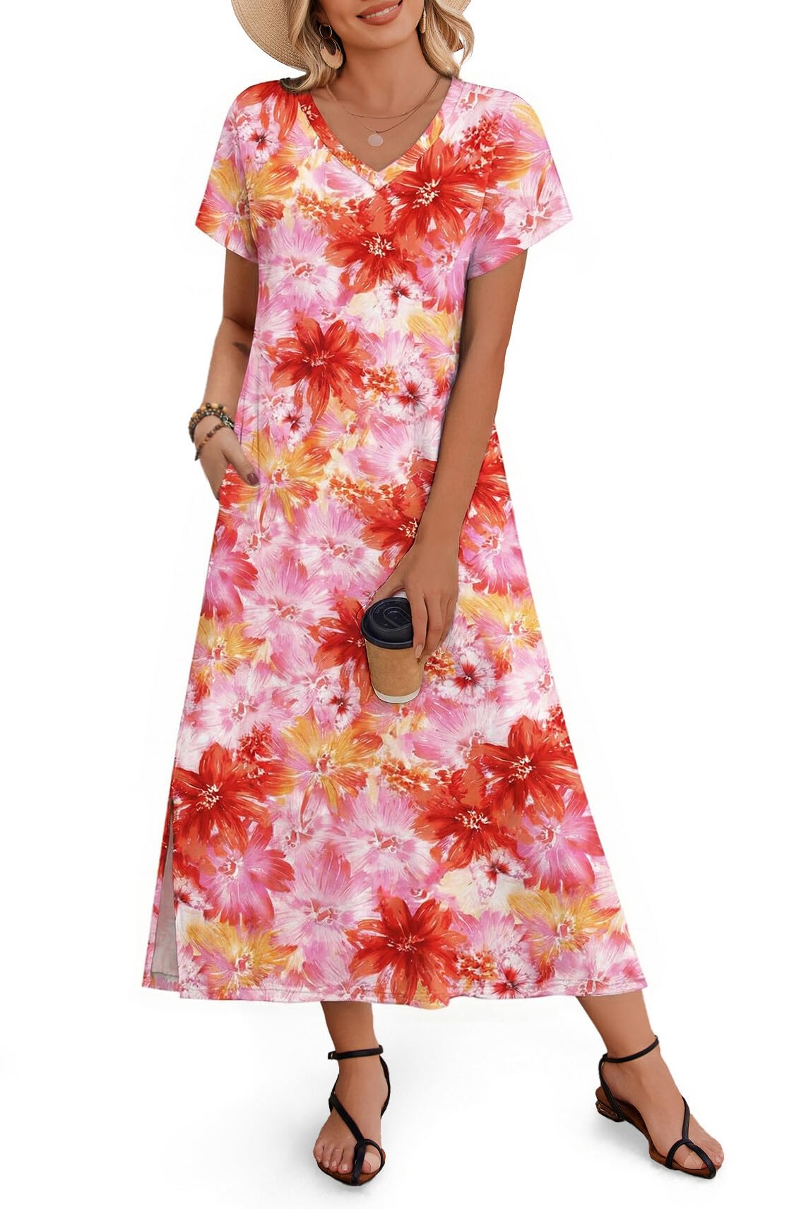 Zeagoo Women Summer Floral Dress Short Sleeve Beach Dress with Pockets Casual V-Neck Split Long T-Shirt Dress Travel Vacation