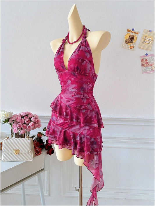 Verdusa Women's Halter Y2k Mini Dress Asymmetrical Wedding Guest Dress
