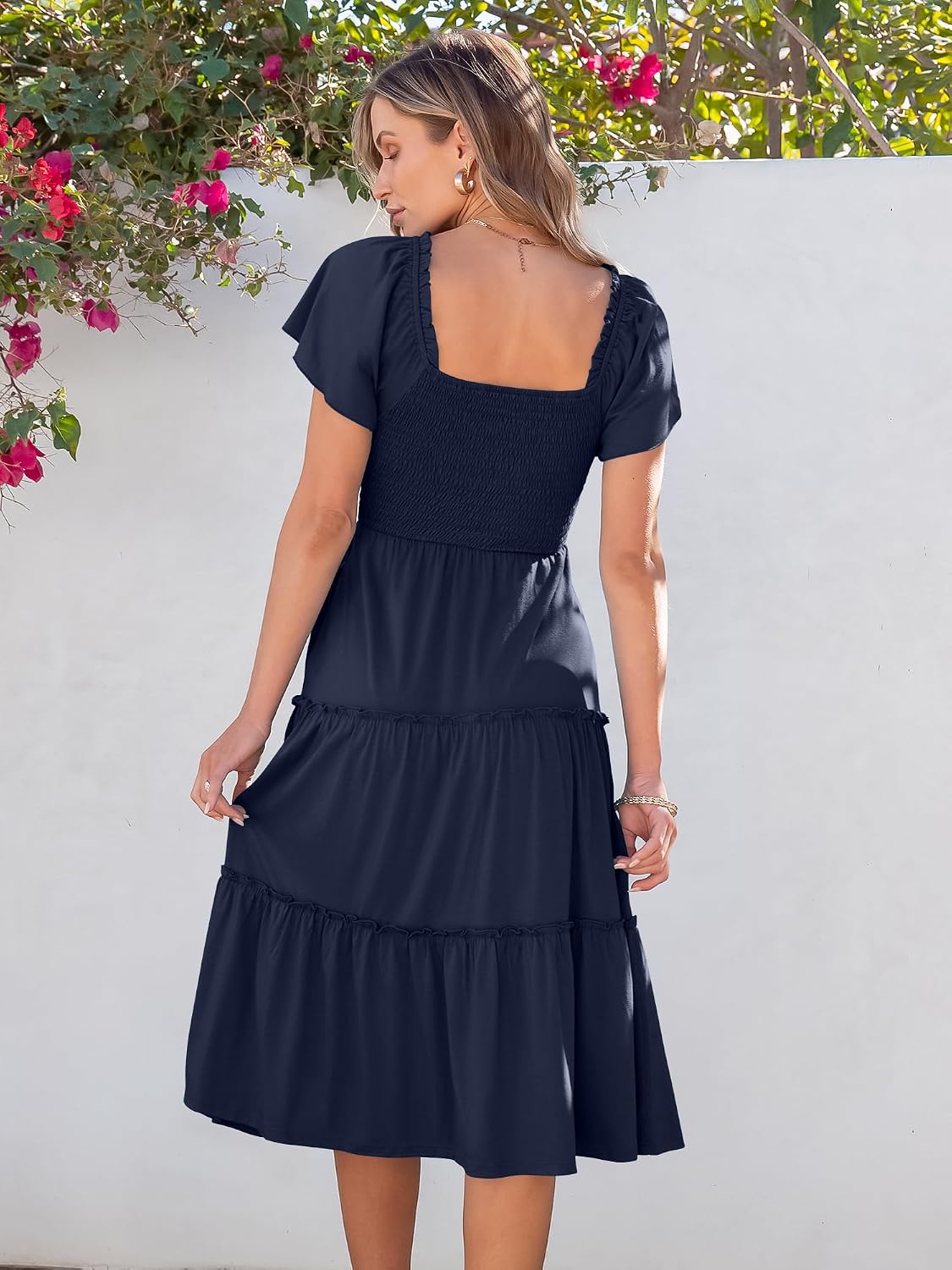 ANRABESS Women Summer Casual Square Neck Flutter Sleeve Boho Smocked A-Line Flowy Tiered Modest Midi Sun Dress with Pockets
