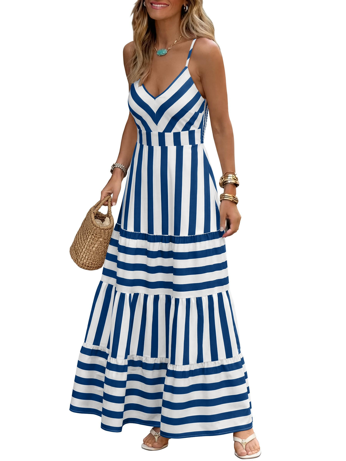 Caracilia Womens Summer Gingham Striped Flowy Spaghetti Strap Maxi Dress