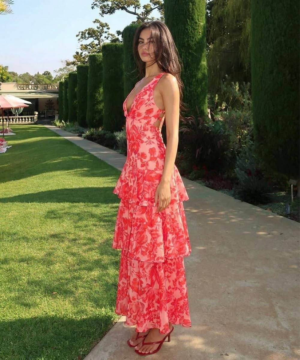 Women's Floral Maxi Dress Sexy Deep V Neck Backless Ruffles Dresses Beach Party Wedding Guest Dress