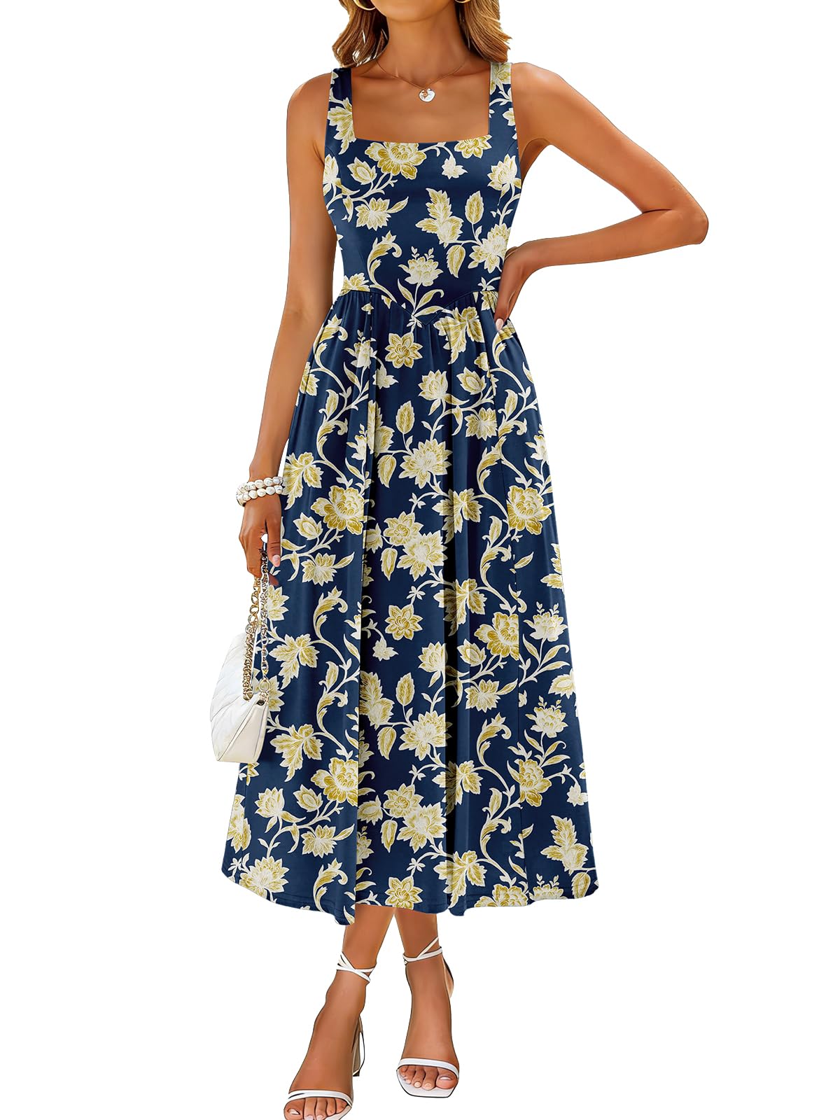 Sureple Midi Dresses for Women 2026 Spring Square Neck Tank Sleeveless A Line Casual Summer Sundresses with Pockets