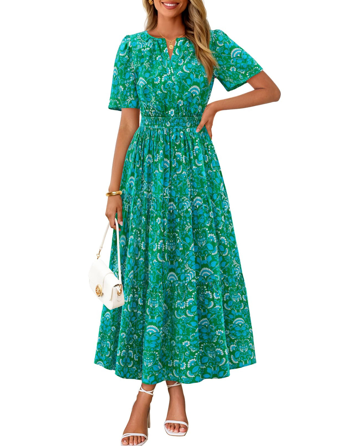 MEROKEETY Women's Summer Casual Floral Boho Short Sleeve Midi Maxi Dresses