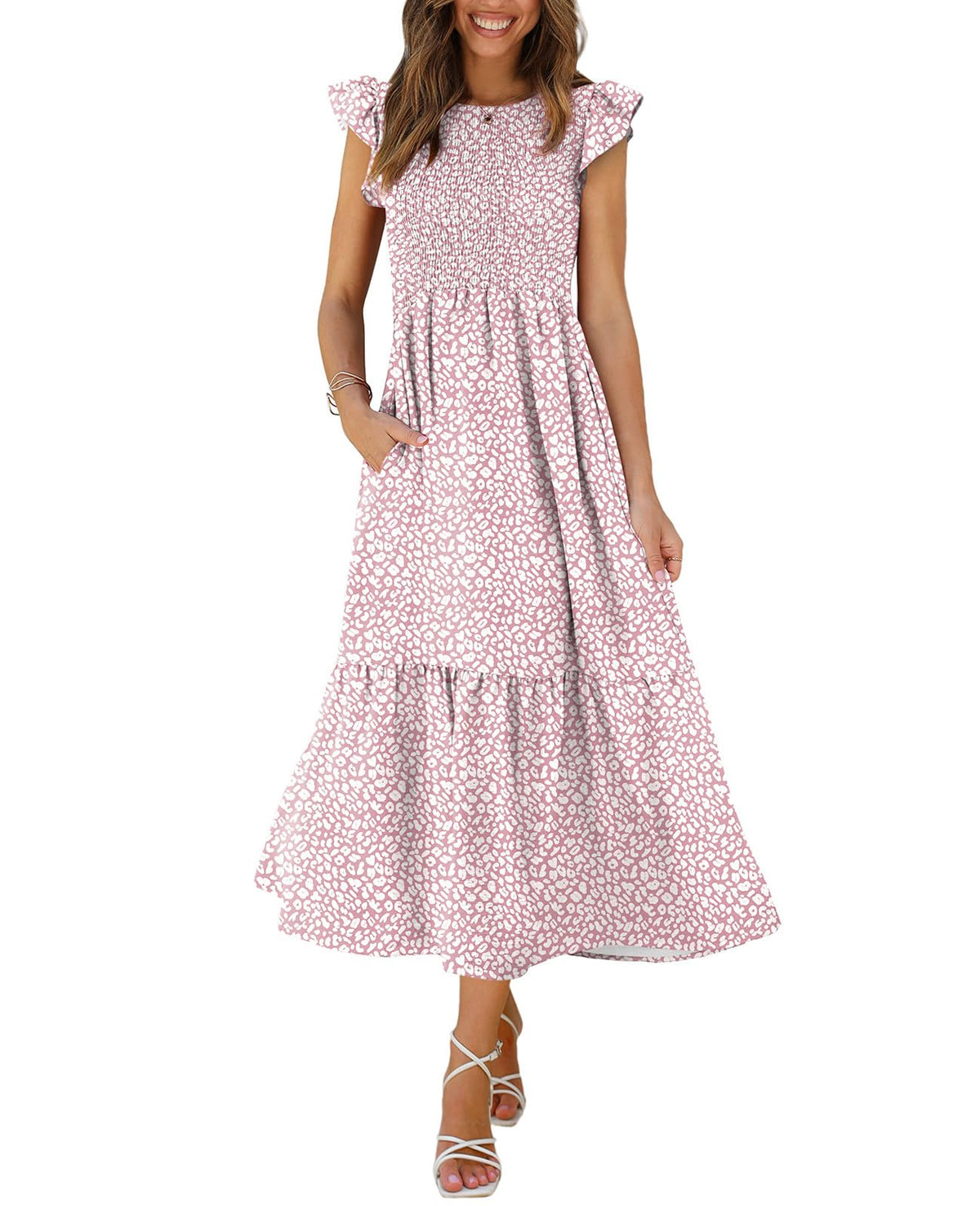 OFEEFAN Women's Casual Maxi Dresses with Pockets Ruffle Sleeve Smocked Dress XS-2XL