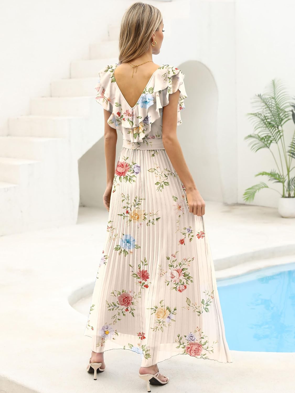 ANRABESS Women V Neck Ruffle Sleeve Floral Pleated Maxi Dresses Summer Boho Belt Empire Waist Wedding Guest Party Flowy Dress