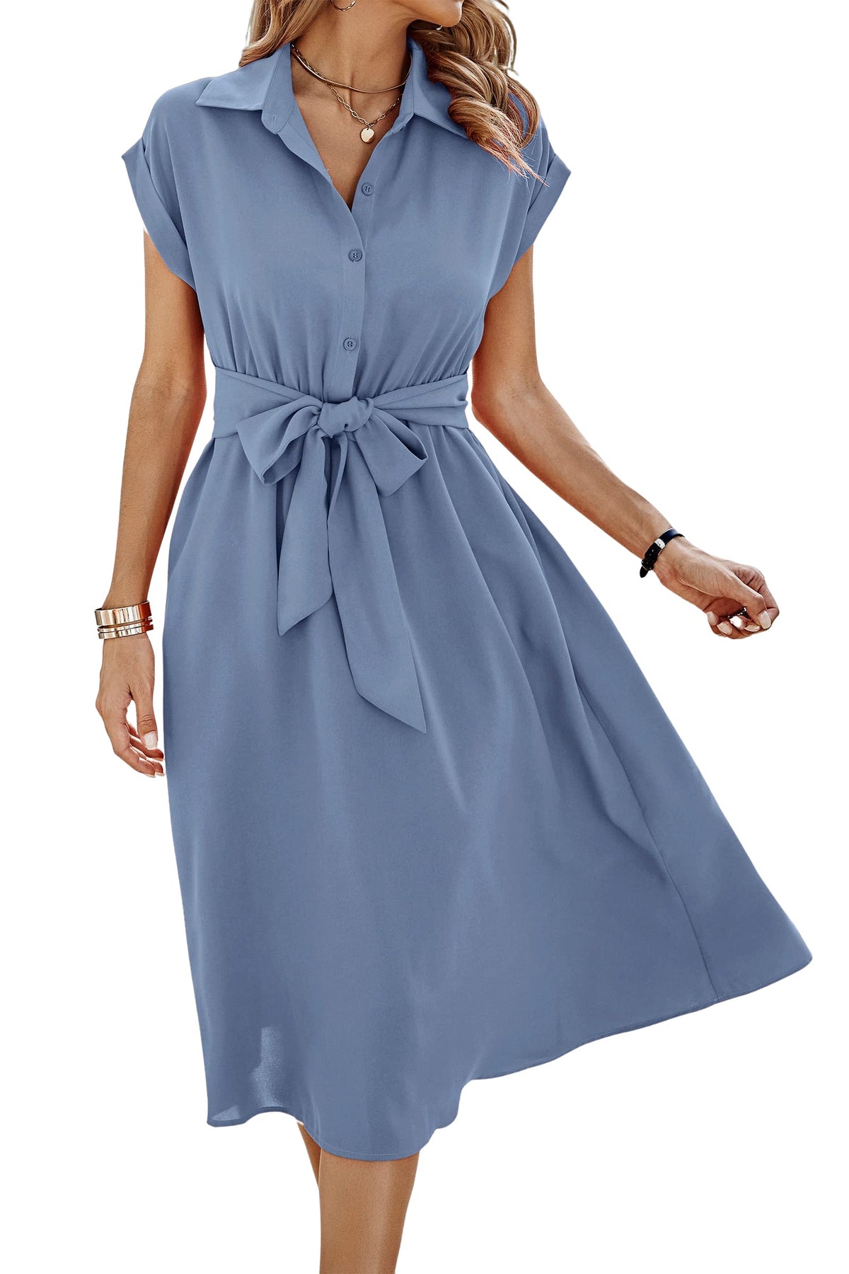 ECOWISH Womens Casual Midi Dresses Solid V Neck Short Sleeve Button Shirt Belted Dress with Pockets for Spring Summer 2026