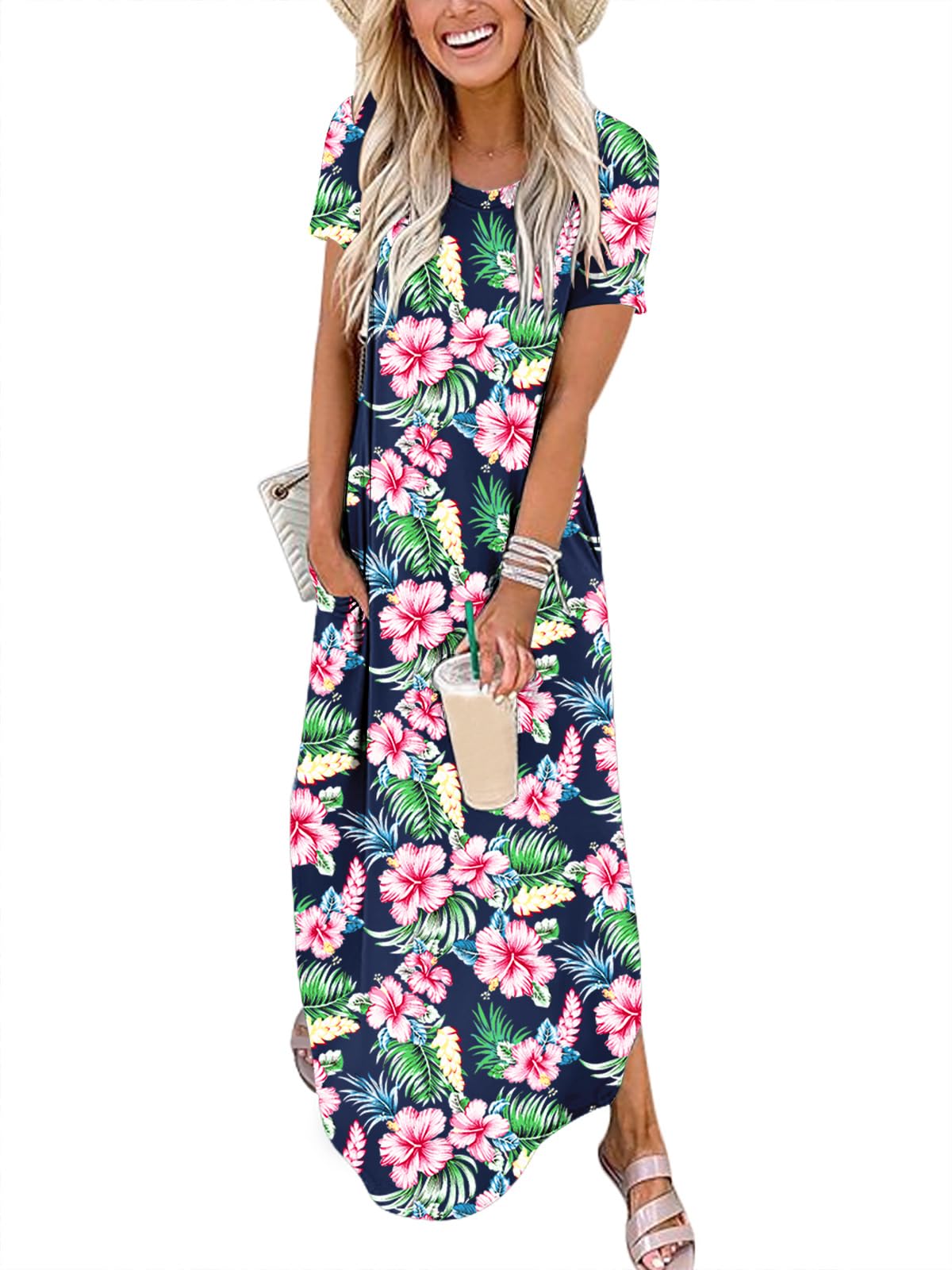 ANRABESS Womens Summer Maxi Dress Short Sleeve Casual Loose Long T Shirt Dresses Split Vacation Beach Sundress Travel Outfits
