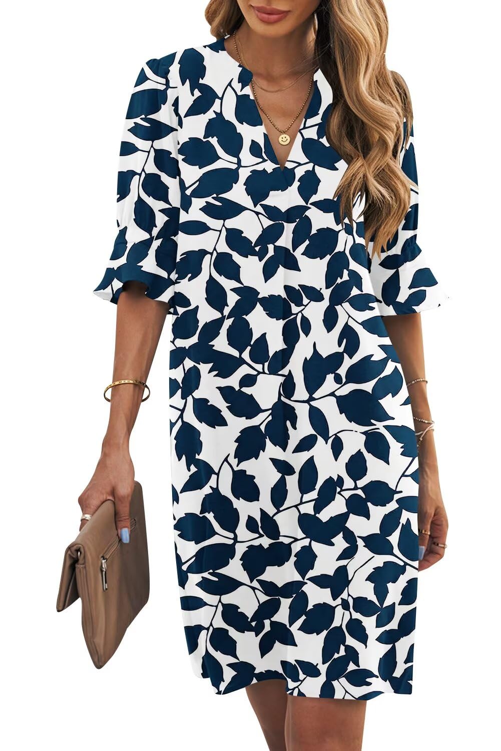 Wkior Womens Summer Ruffle Short Sleeve V Neck Shift Dress