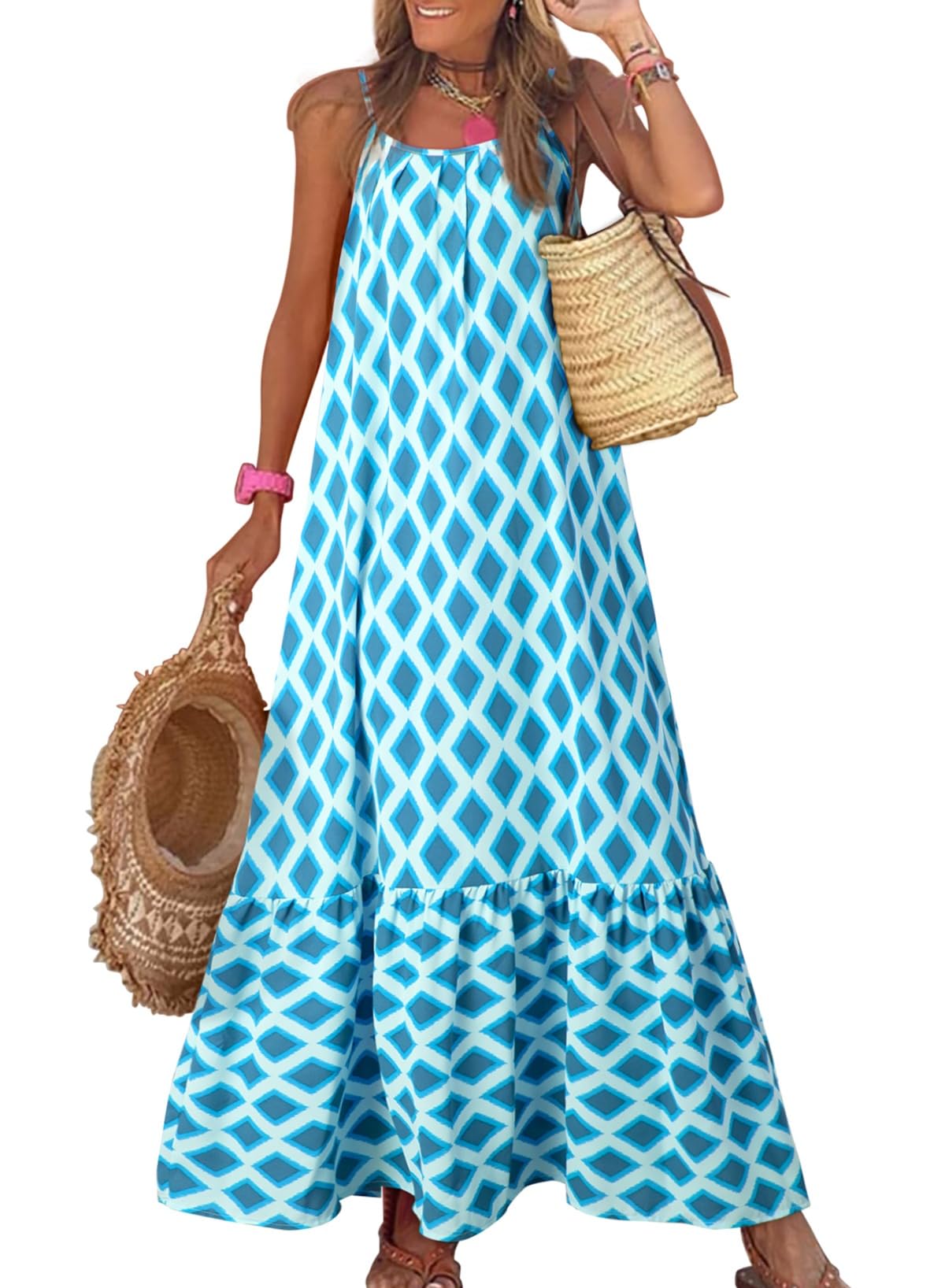 Dokotoo Women Summer Dresses Scoop Neck Ruffle Flowy Boho Maxi Dress