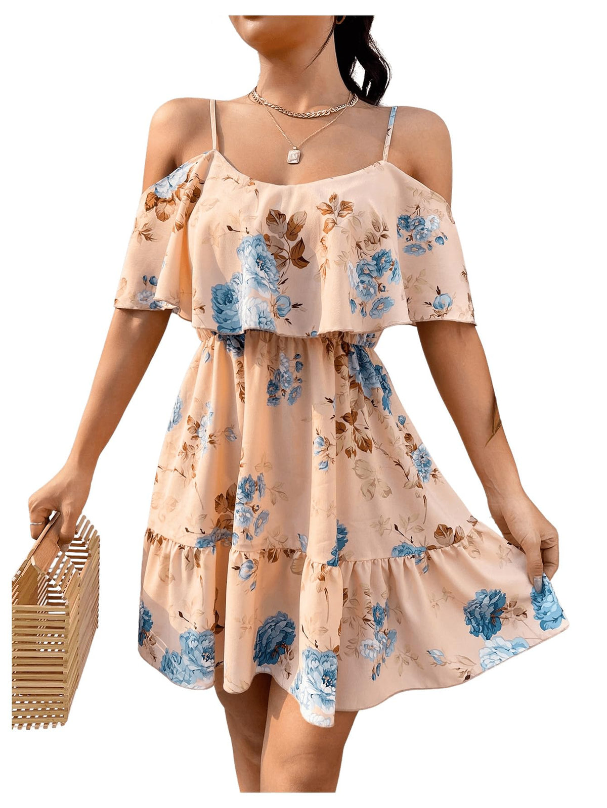 SOLY HUX Women's Summer Floral Mini Dress Cold Shoulder Ruffle Dresses
