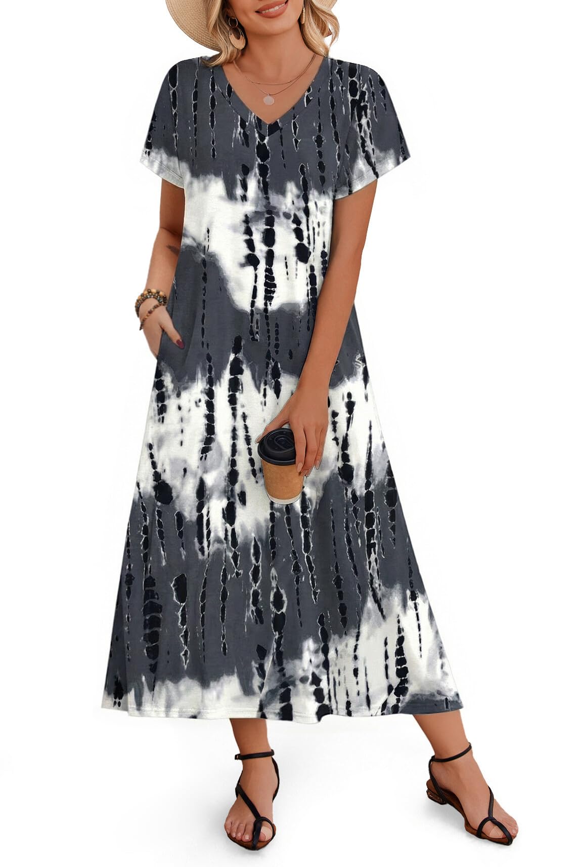 Zeagoo Women Summer Floral Dress Short Sleeve Beach Dress with Pockets Casual V-Neck Split Long T-Shirt Dress Travel Vacation