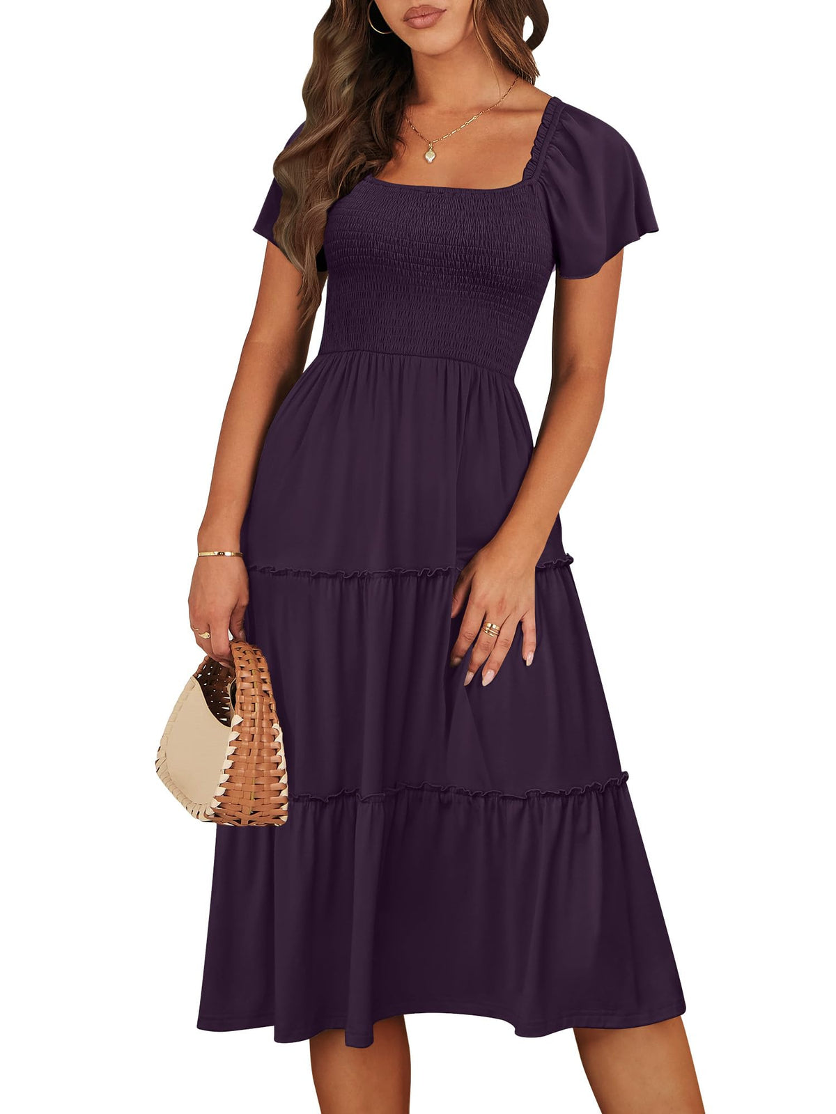 ANRABESS Women Summer Casual Square Neck Flutter Sleeve Boho Smocked A-Line Flowy Tiered Modest Midi Sun Dress with Pockets