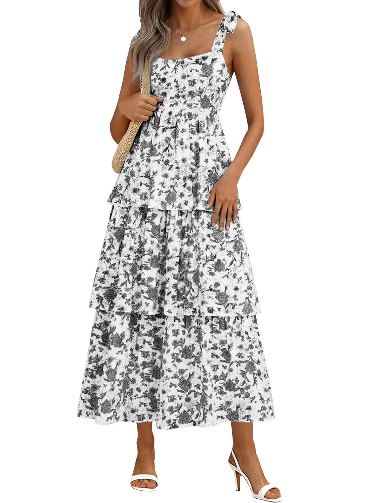 Wenrine Womens Summer Floral Maxi Dress Sleeveless Ruffle Smocked Sundress