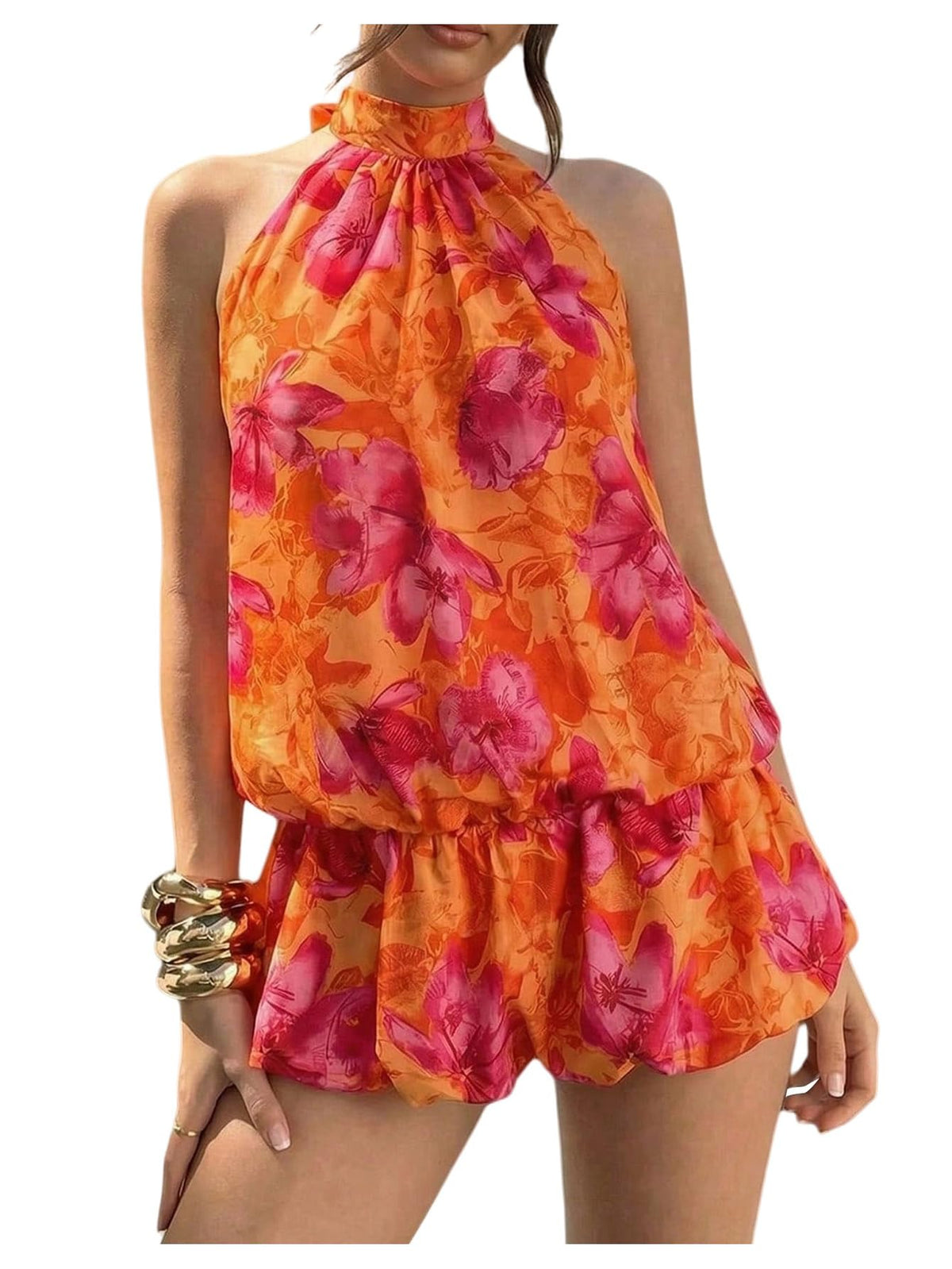Floerns Women Backless Sleeveless Ruffle Bubble Hem Mesh Halter Mini Dress