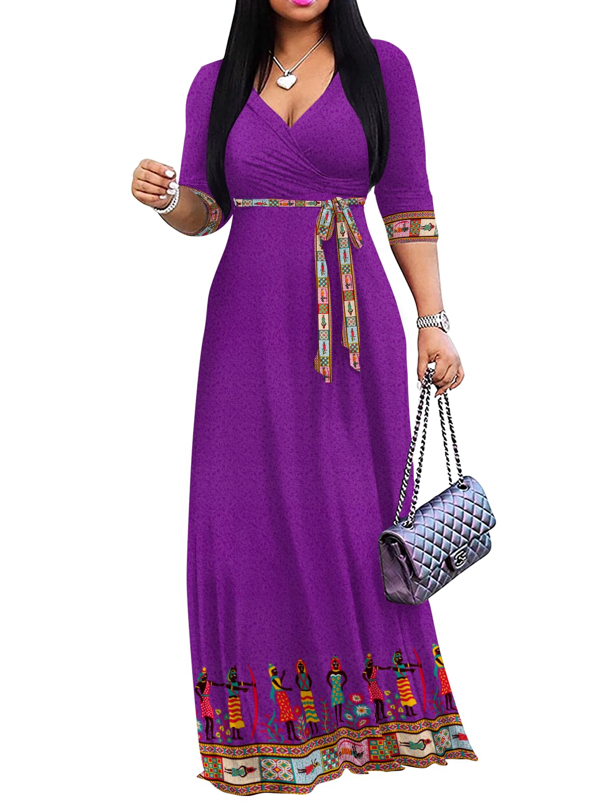 Yajedo Womens Casual Summer Maxi Dress Plus Size Sexy Wrap V Neck 3/4 Sleeve Sundress with Pockets