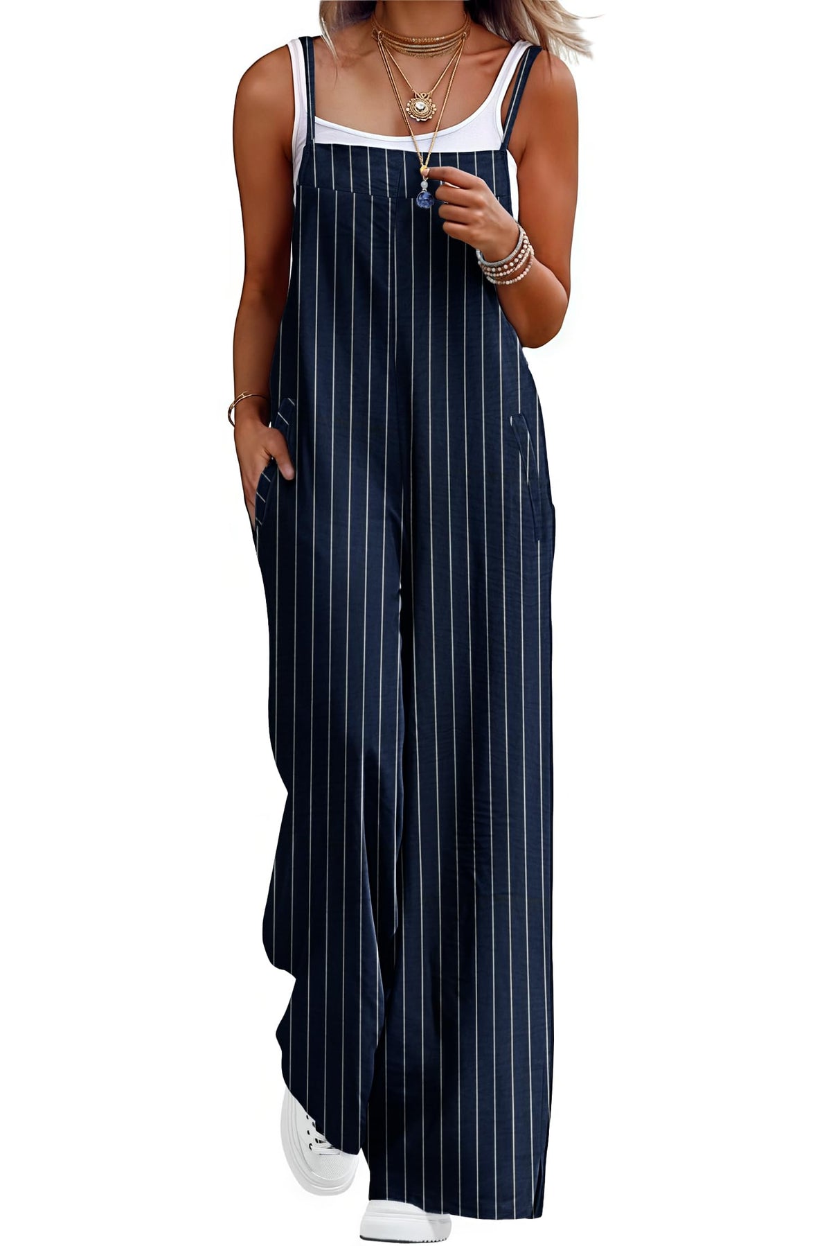 Lepunuo Womens Casual Loose Jumpsuits Summer Boho Wide Leg Rompers Sleeveless Overalls with Pockets