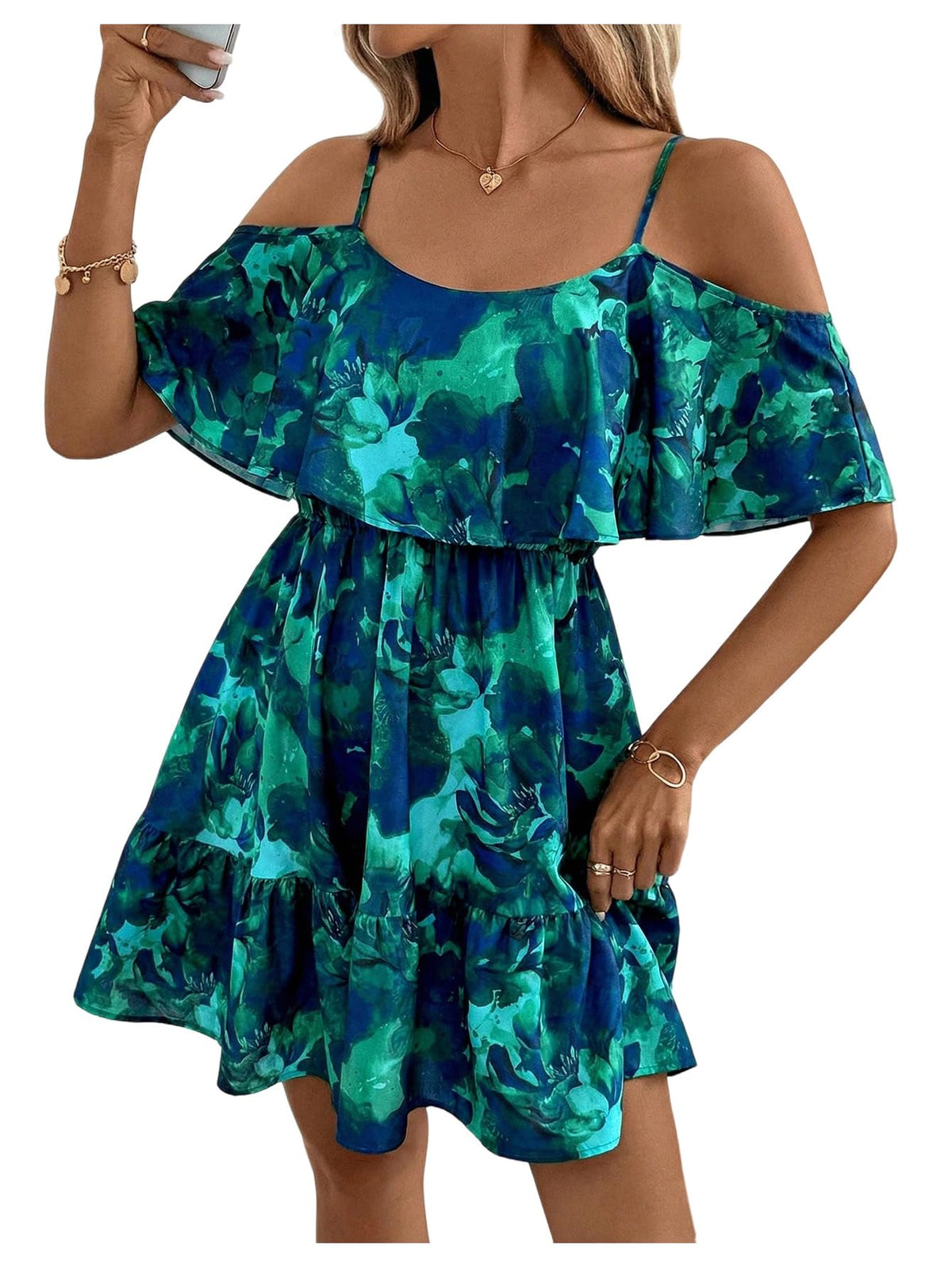 SOLY HUX Women's Summer Floral Mini Dress Cold Shoulder Ruffle Dresses