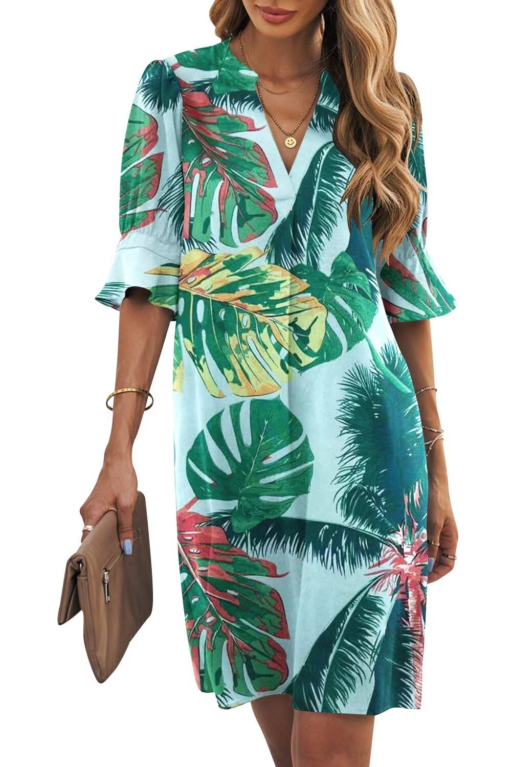 Wkior Womens Summer Ruffle Short Sleeve V Neck Shift Dress