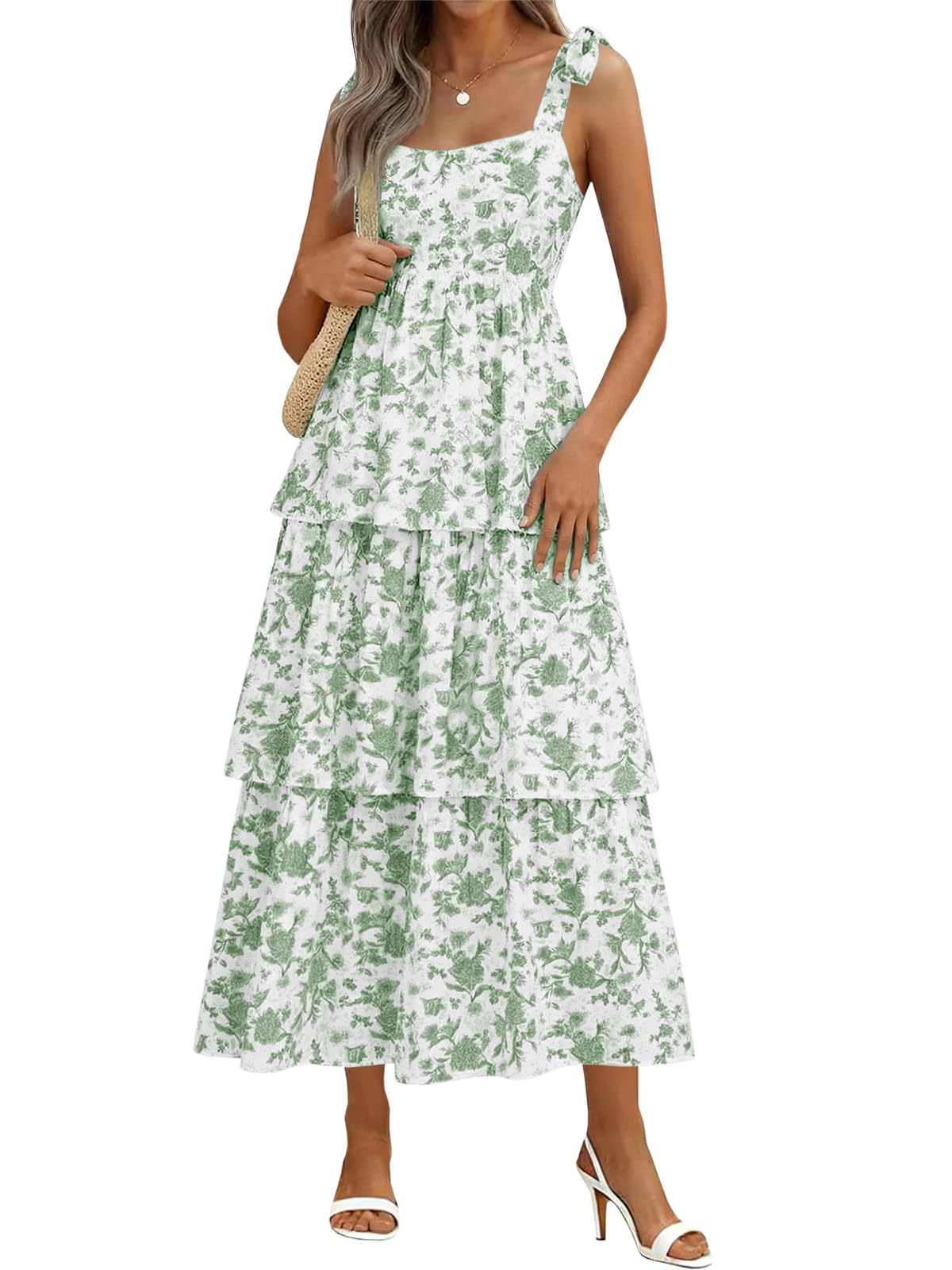 Wenrine Womens Summer Floral Maxi Dress Sleeveless Ruffle Smocked Sundress