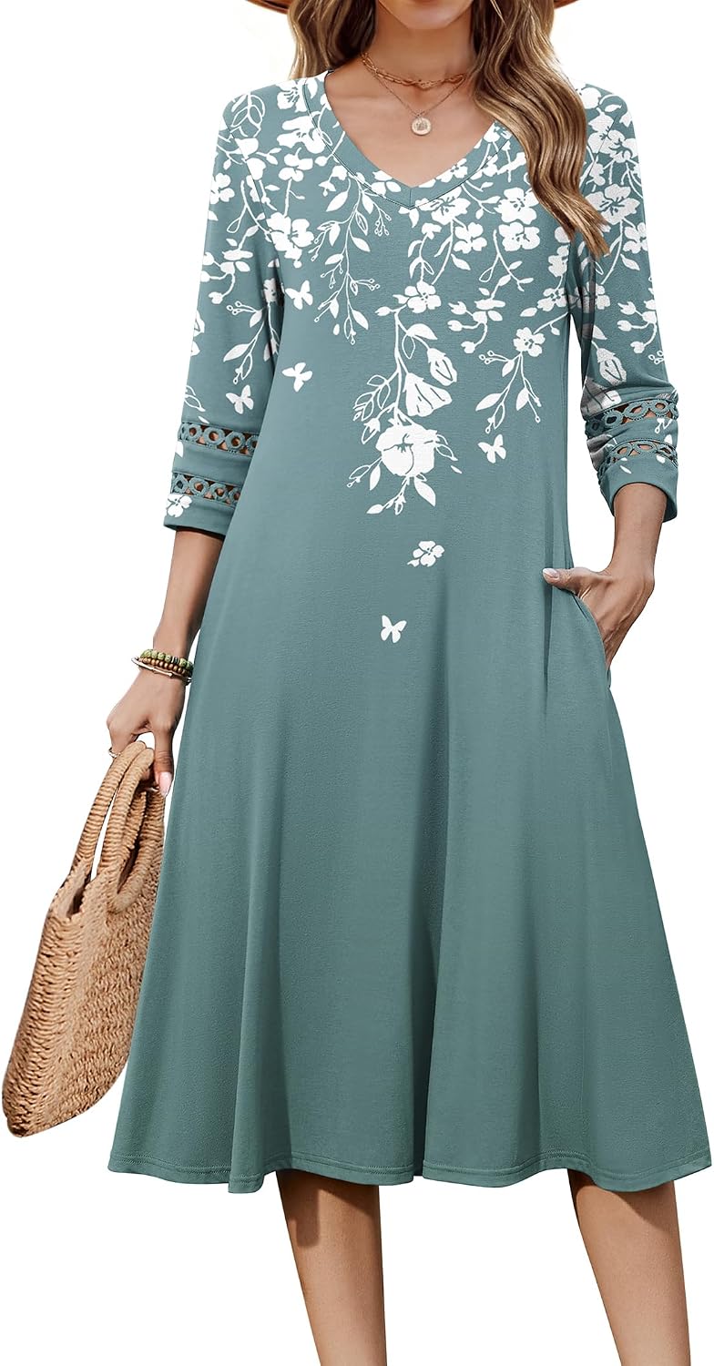 Zeagoo Women's Dresses 3/4 Sleeve Casual V-Neck A Line Eyelet Midi Dress