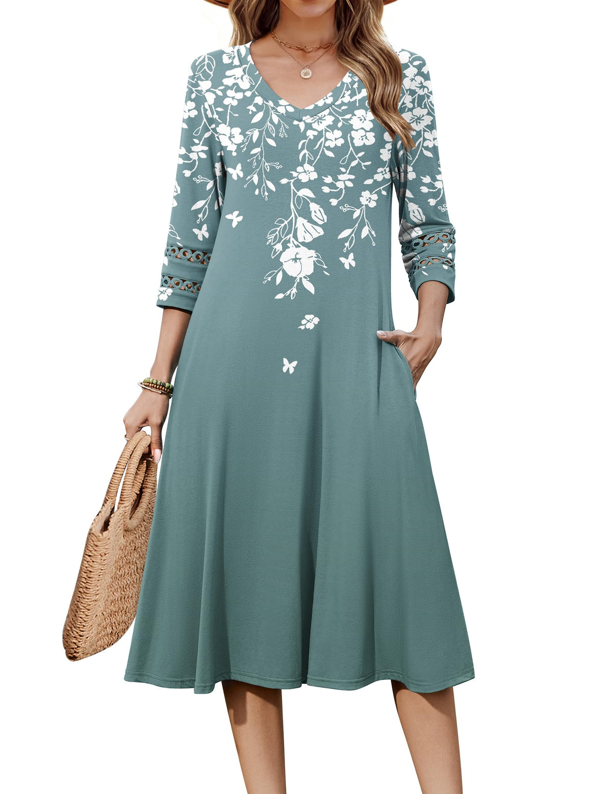 Zeagoo Women's Dresses 3/4 Sleeve Casual V-Neck A Line Eyelet Midi Dress