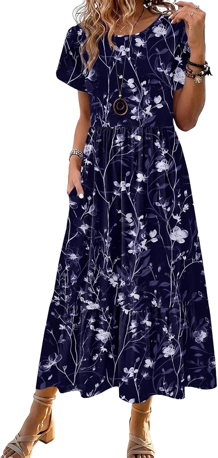 HOTOUCH Summer Dresses for Women 2026 Casual Midi Boho T Shirt Dress Ladies Sundress Aline Long Beach Vacation Clothes