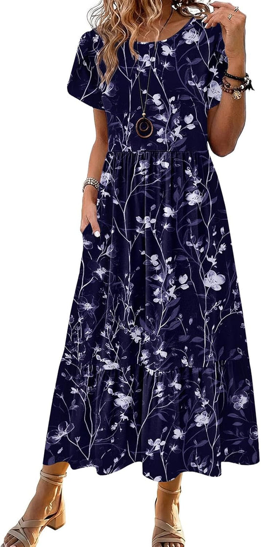 HOTOUCH Summer Dresses for Women 2026 Casual Midi Boho T Shirt Dress Ladies Sundress Aline Long Beach Vacation Clothes