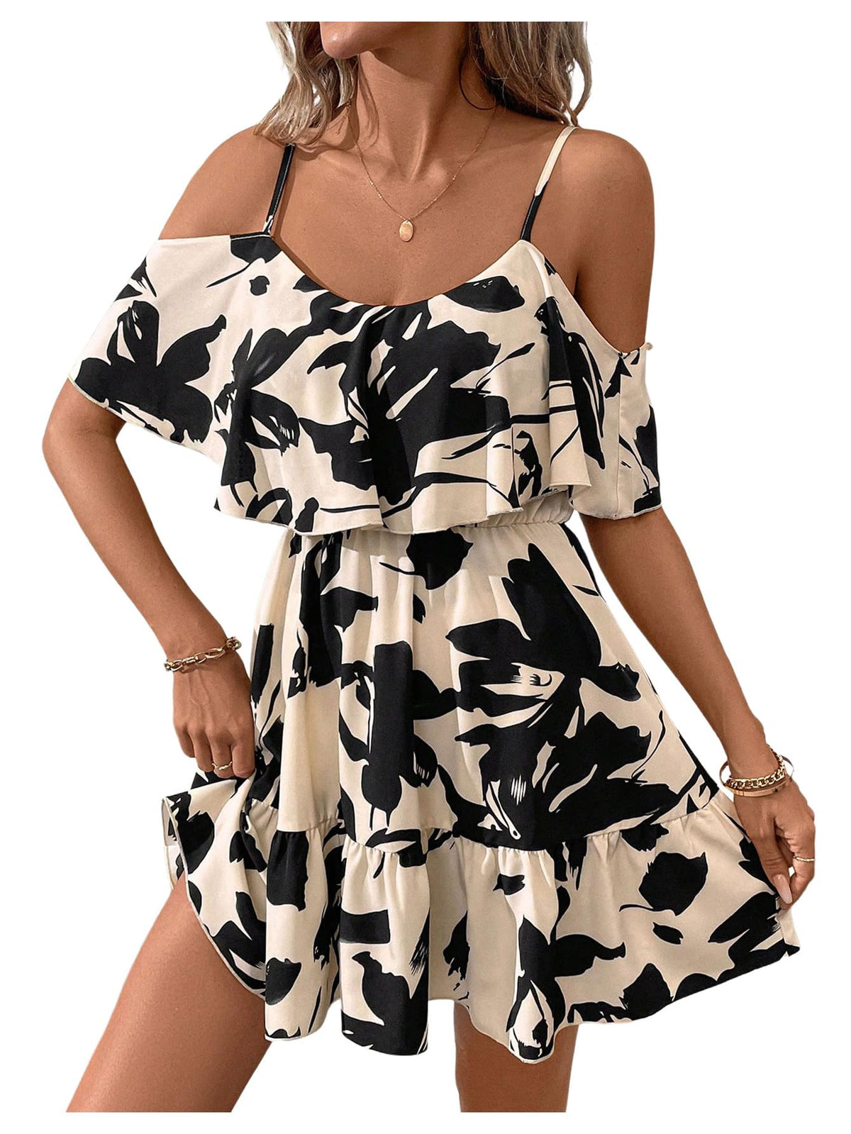 SOLY HUX Women's Summer Floral Mini Dress Cold Shoulder Ruffle Dresses