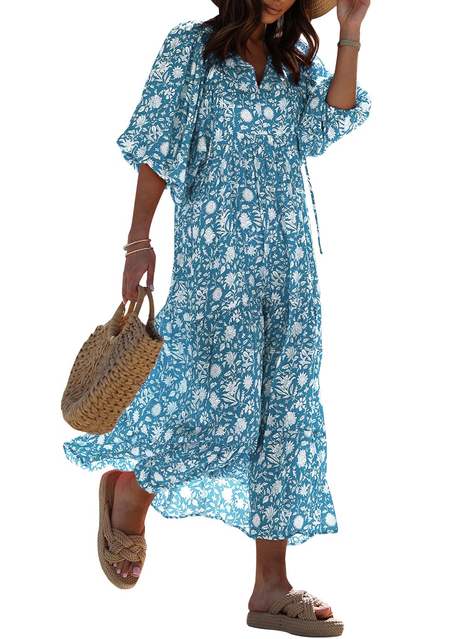 miduo Womens Casual V Neck Half Sleeve Bohemian Geometric Maxi Long Dresses
