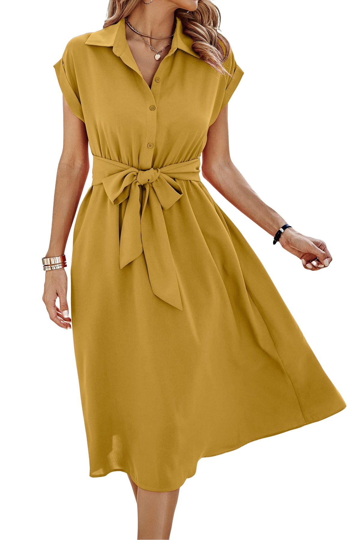 ECOWISH Womens Casual Midi Dresses Solid V Neck Short Sleeve Button Shirt Belted Dress with Pockets for Spring Summer 2026