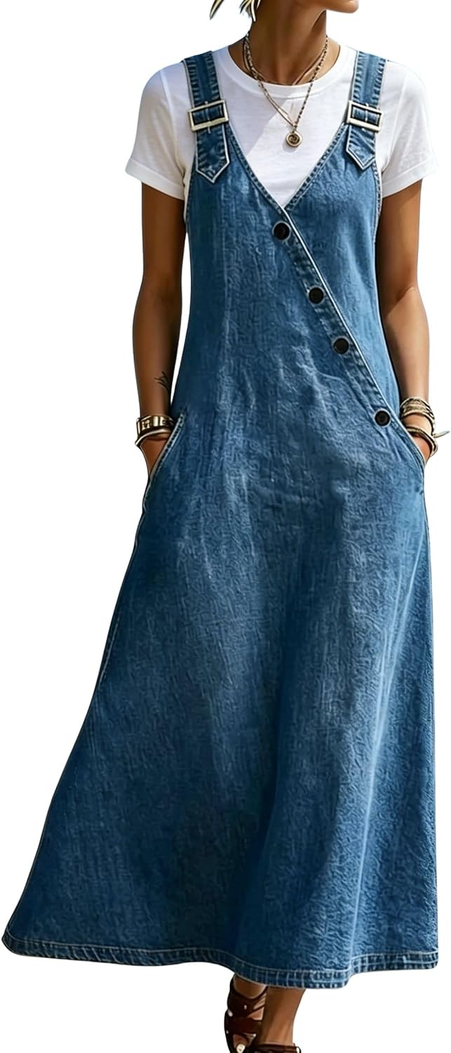 chouyatou Women's Adjustable Straps Denim Overall Dress Jean Pinafore Jumper Mid Long Dress With Pockets