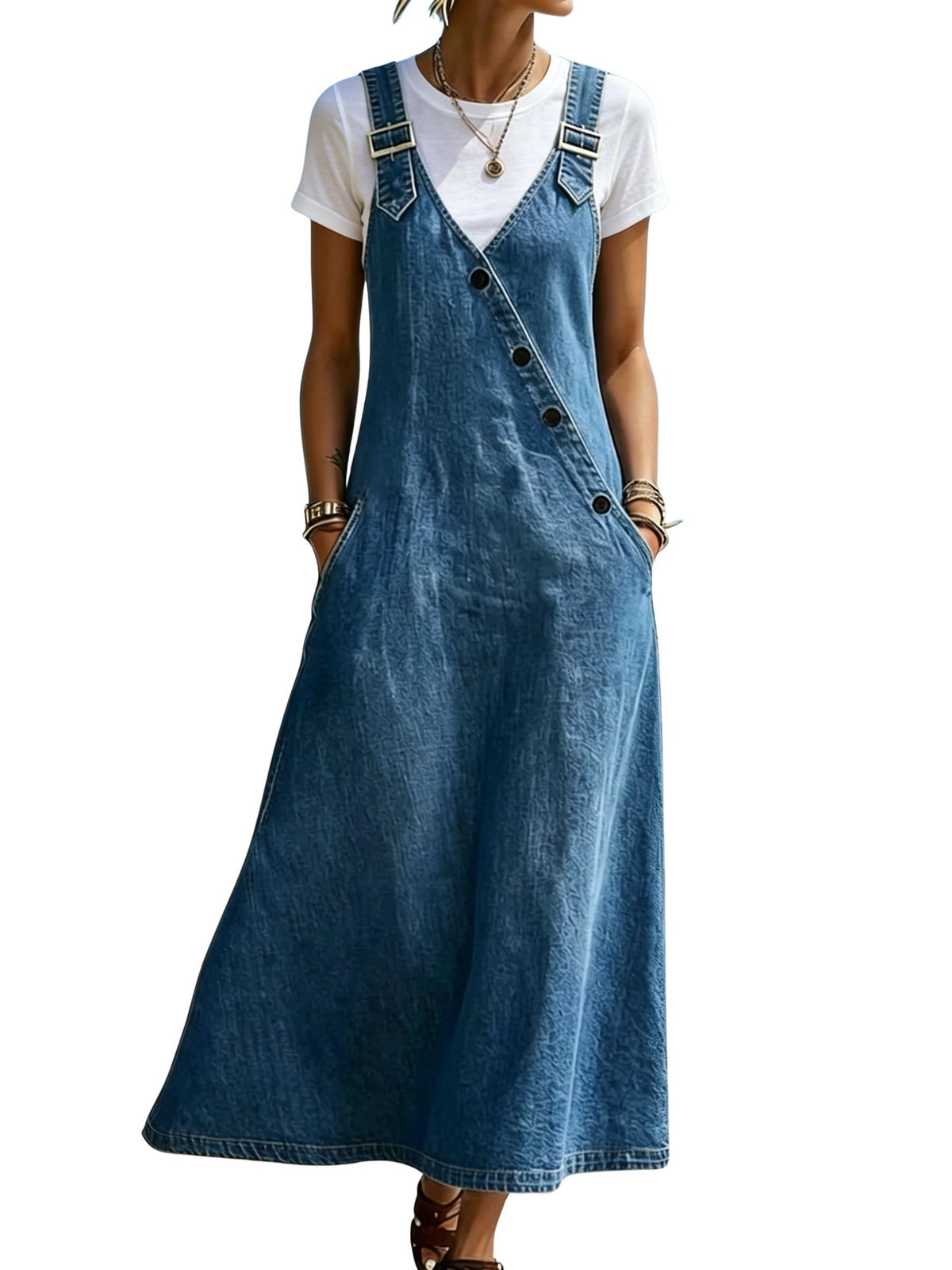 chouyatou Women's Adjustable Straps Denim Overall Dress Jean Pinafore Jumper Mid Long Dress With Pockets