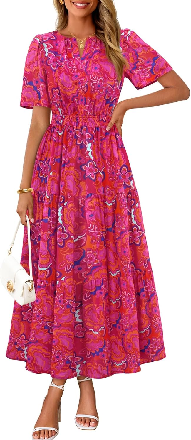 MEROKEETY Women's Summer Casual Floral Boho Short Sleeve Midi Maxi Dresses