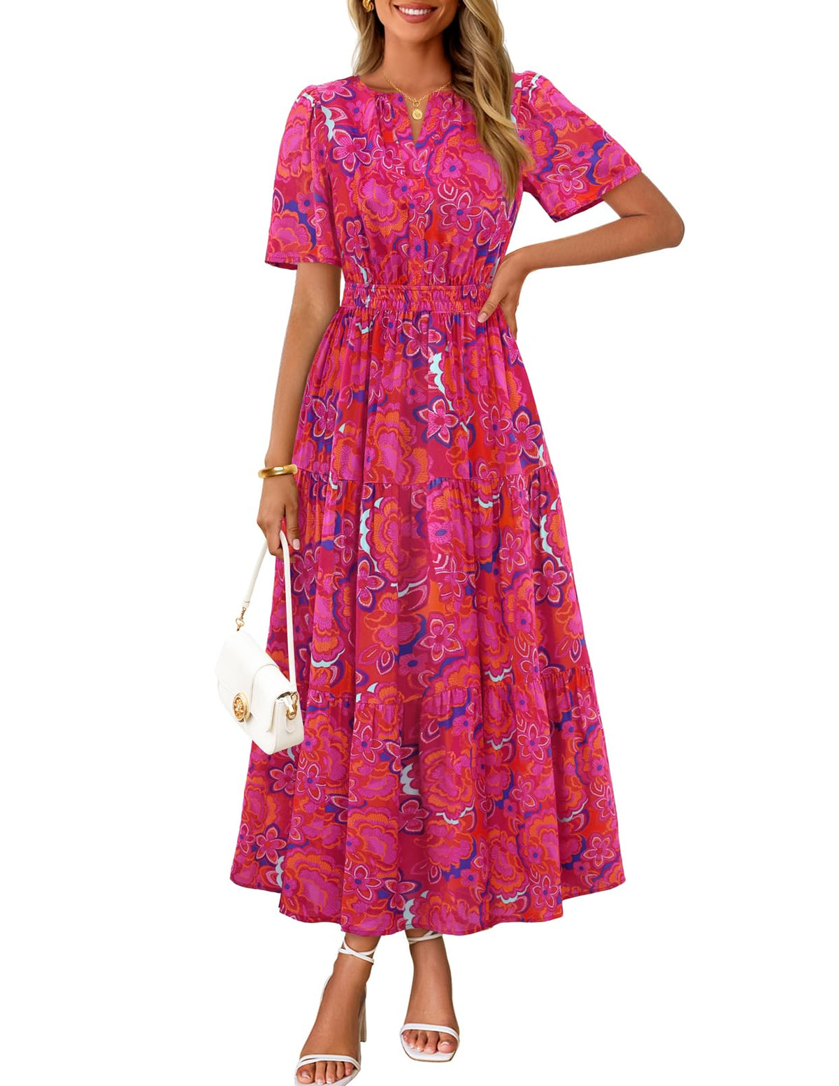 MEROKEETY Women's Summer Casual Floral Boho Short Sleeve Midi Maxi Dresses