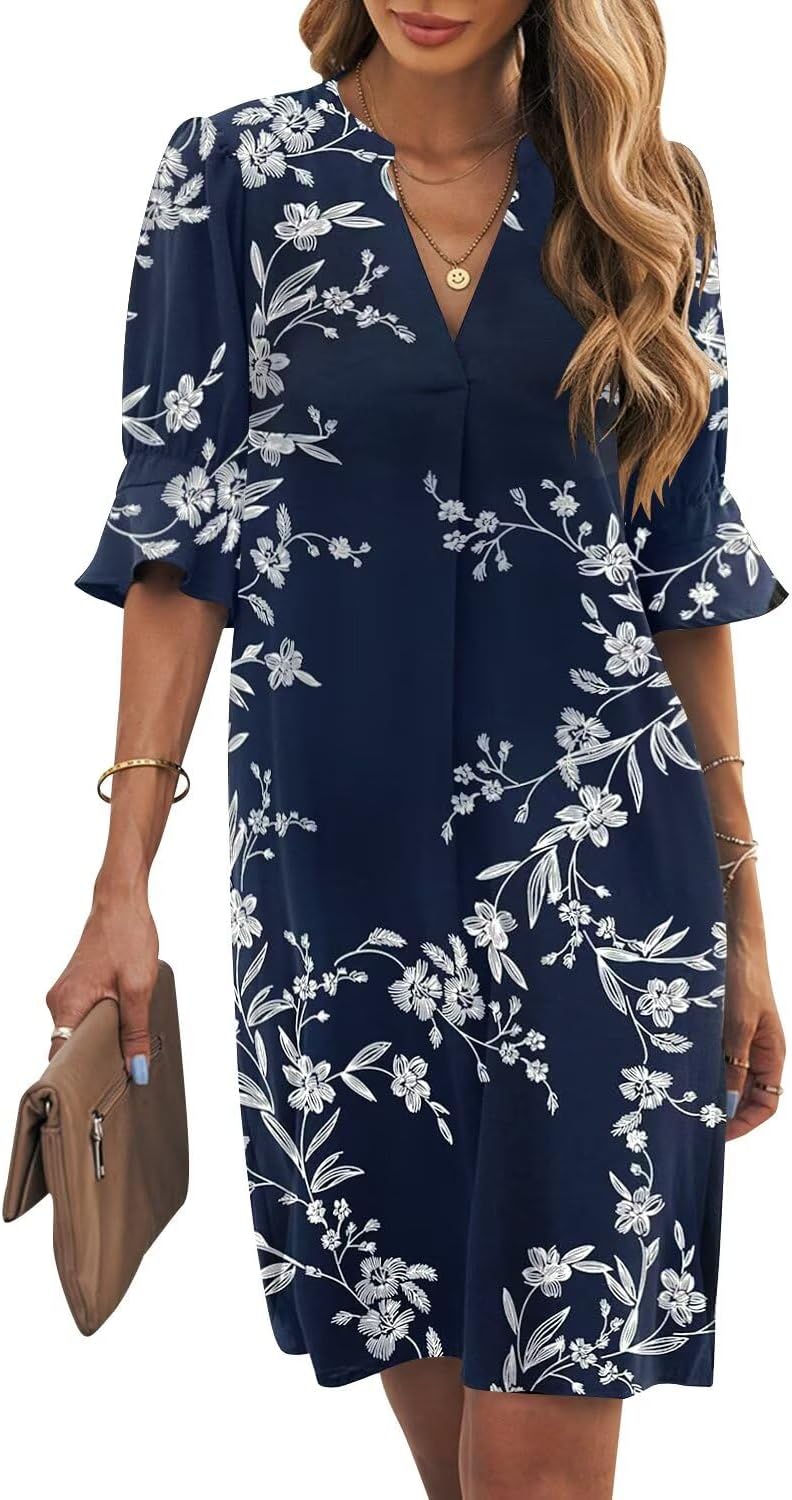 Wkior Womens Summer Ruffle Short Sleeve V Neck Shift Dress
