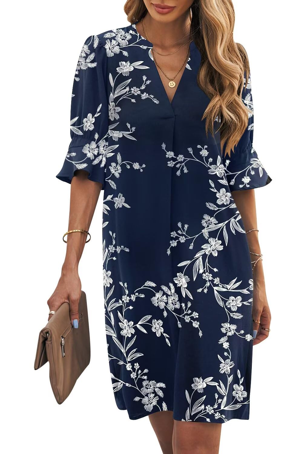 Wkior Womens Summer Ruffle Short Sleeve V Neck Shift Dress