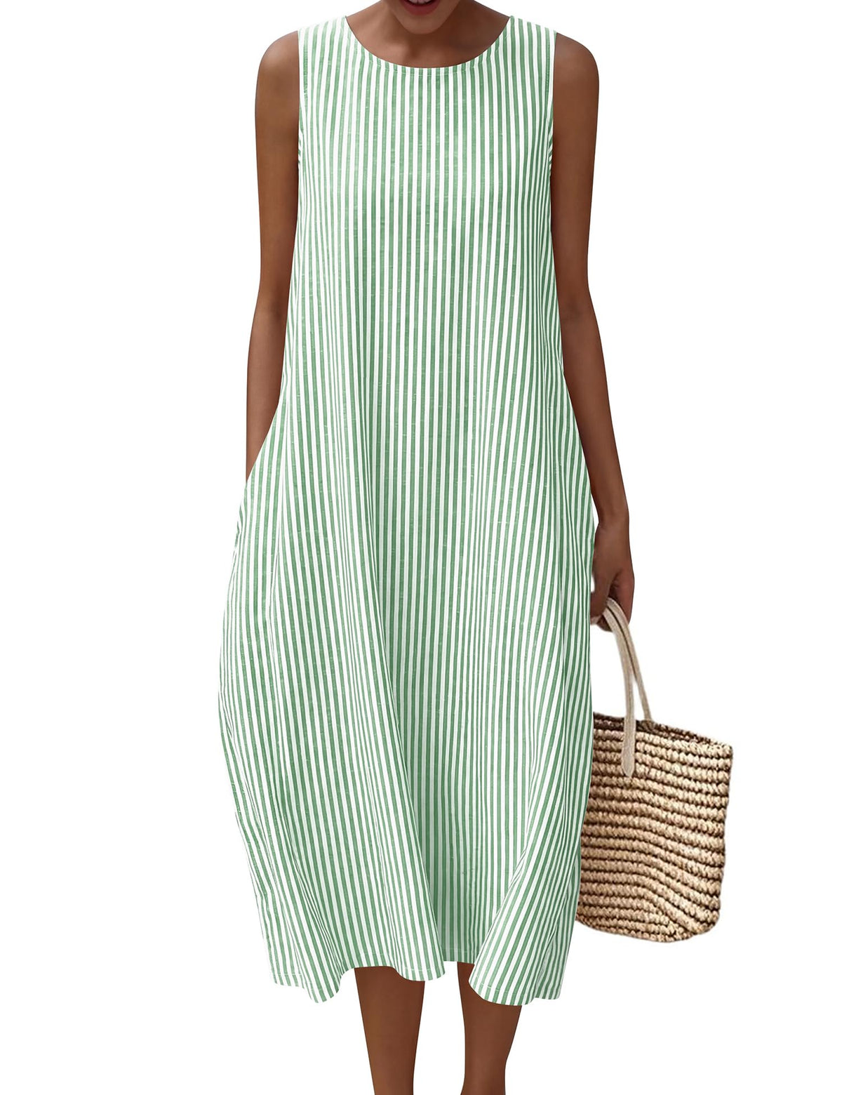 LOMON Womens Summer Sleeveless Dress Cotton Gingham Striped with Pockets