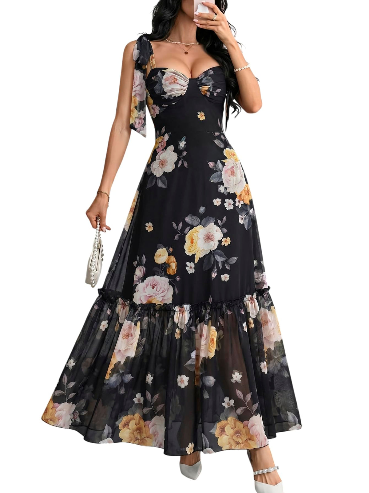 GothDark Women Floral Maxi Dress Ruffle Casual Wedding Guest Dresses