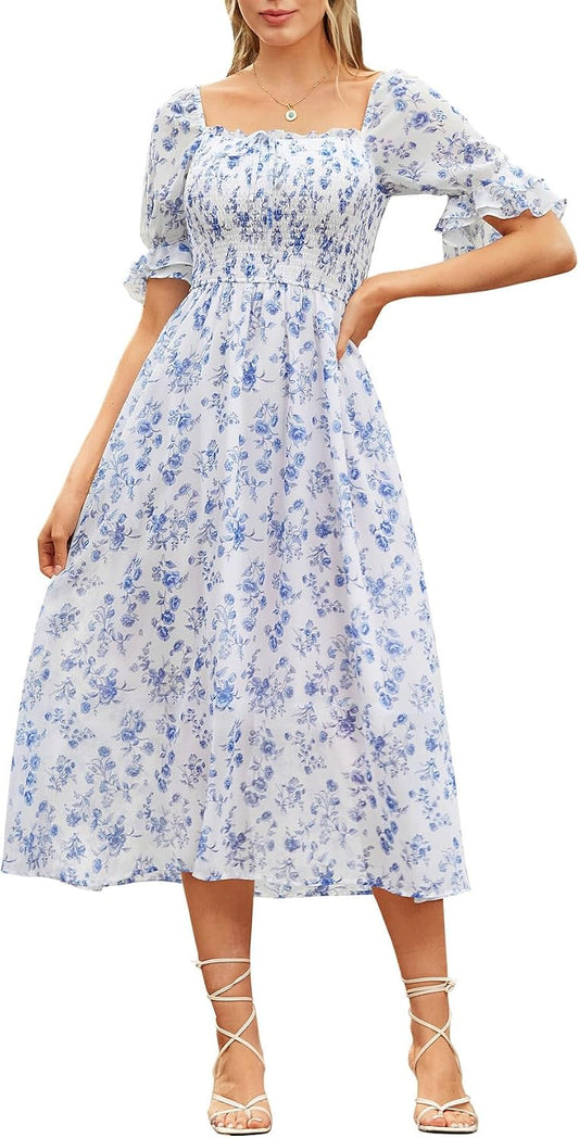 Scarlet Darkness Cottagecore Floral Dress Women Summer Midi Dresses