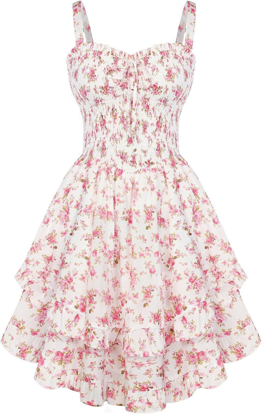 Scarlet Darkness Smocked Floral Sundresses Women Teens Summer Spring Dress