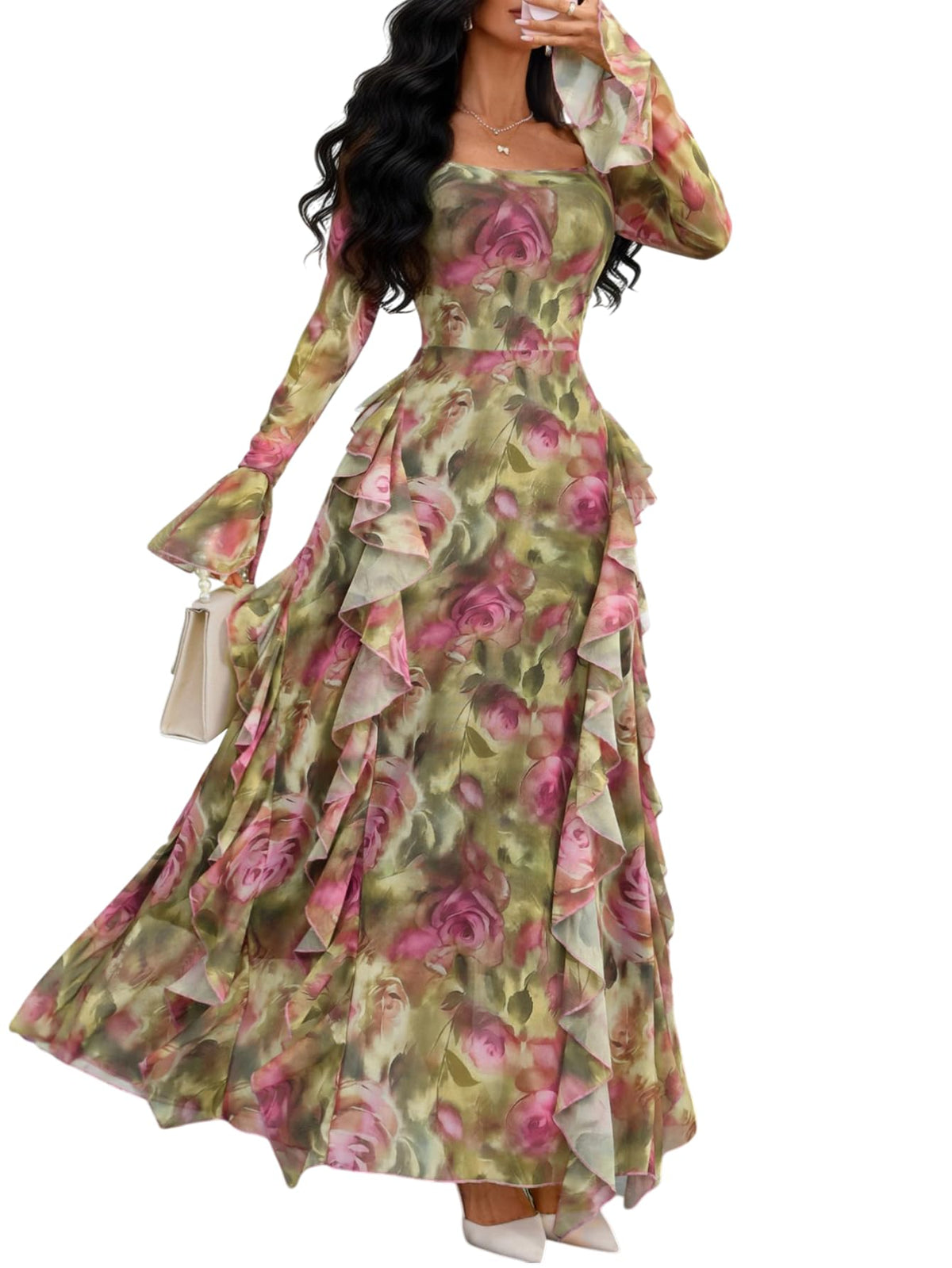 GothDark Women's Floral Dress Long Sleeve Square Neck Ruffle Party Outfit