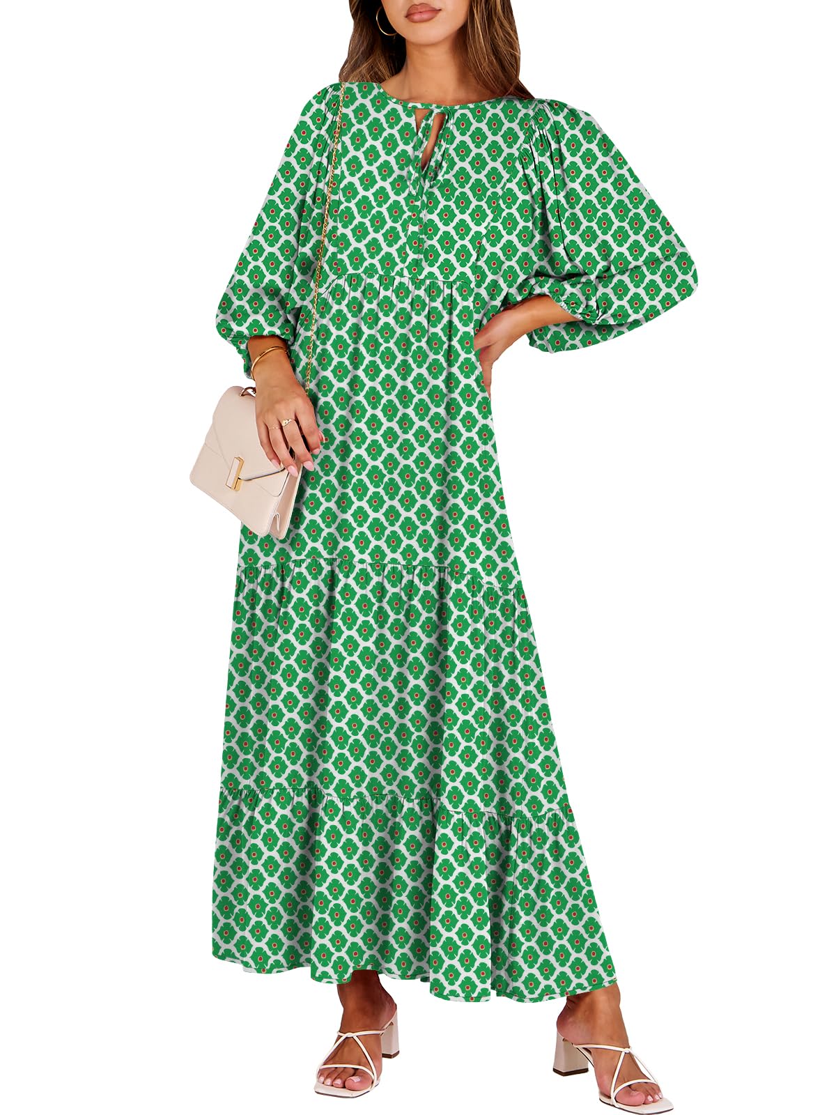 ANRABESS Womens Boho Floral 3/4 Puff Sleeve Maxi Dress