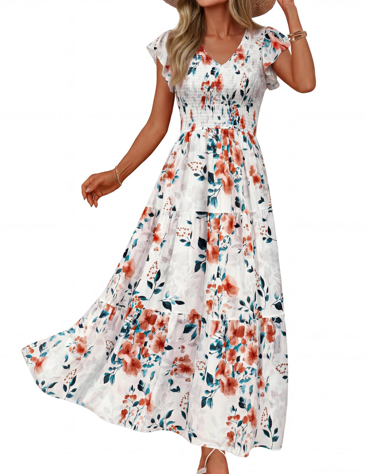 MEROKEETY Women's Summer 2026 Flutter Sleeve Smocked Casual Midi Dress