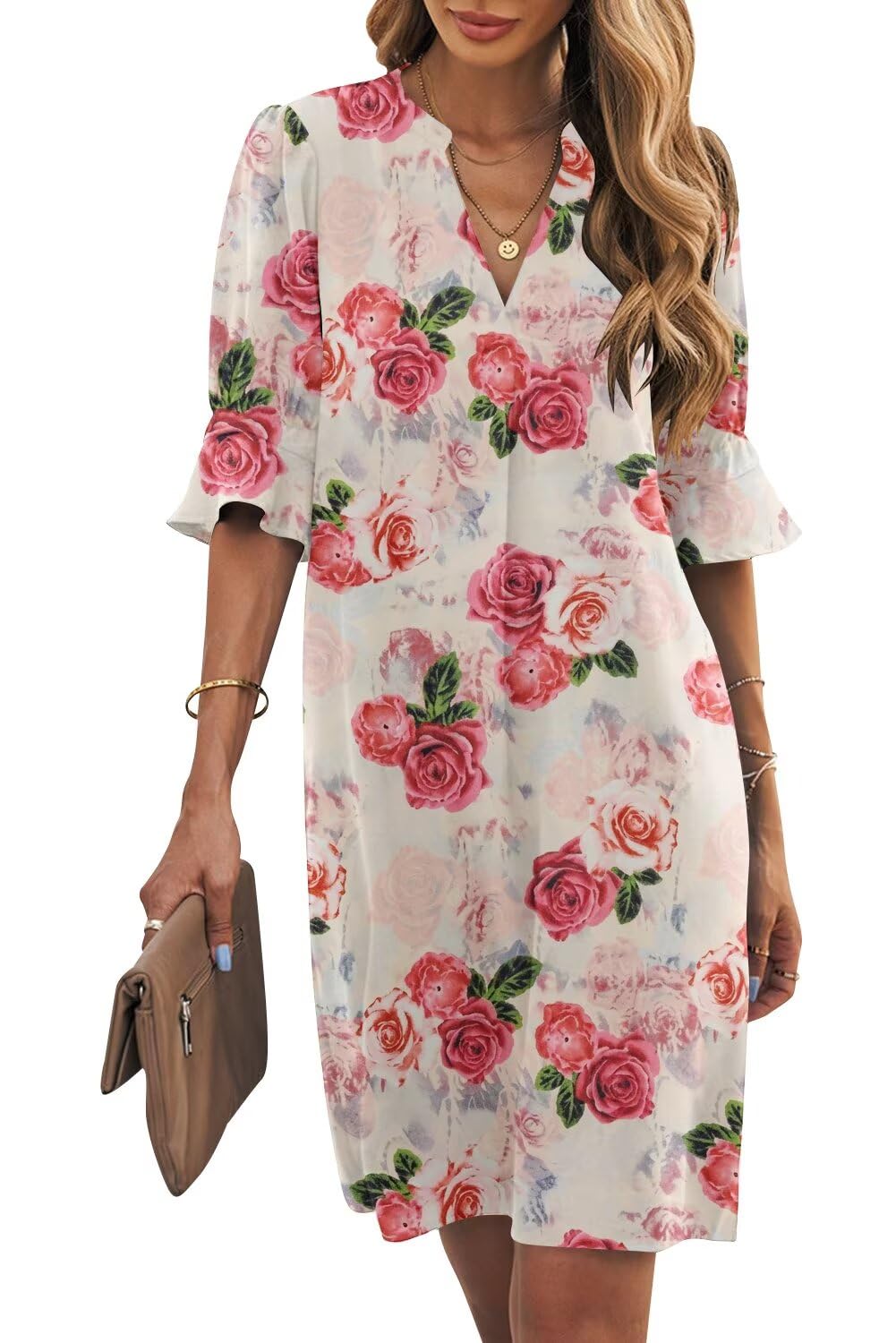 Wkior Womens Summer Ruffle Short Sleeve V Neck Shift Dress